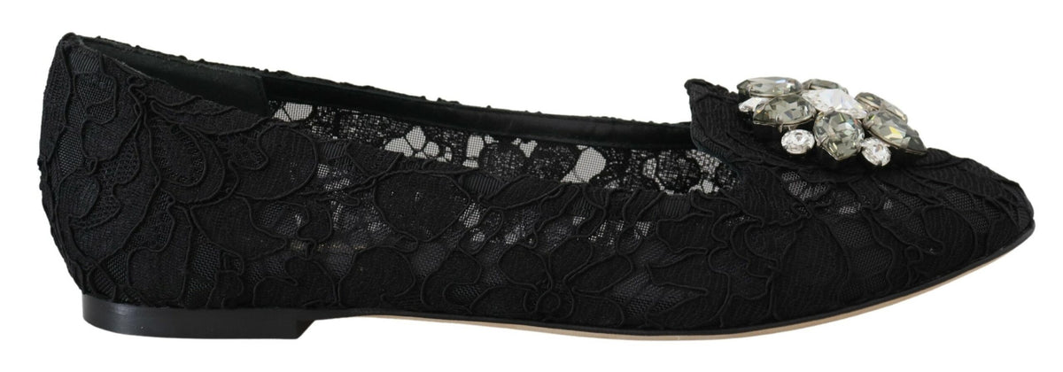 Dolce & Gabbana Black Taormina Lace Crystals Flats Shoes -   -  Dolce & Gabbana.