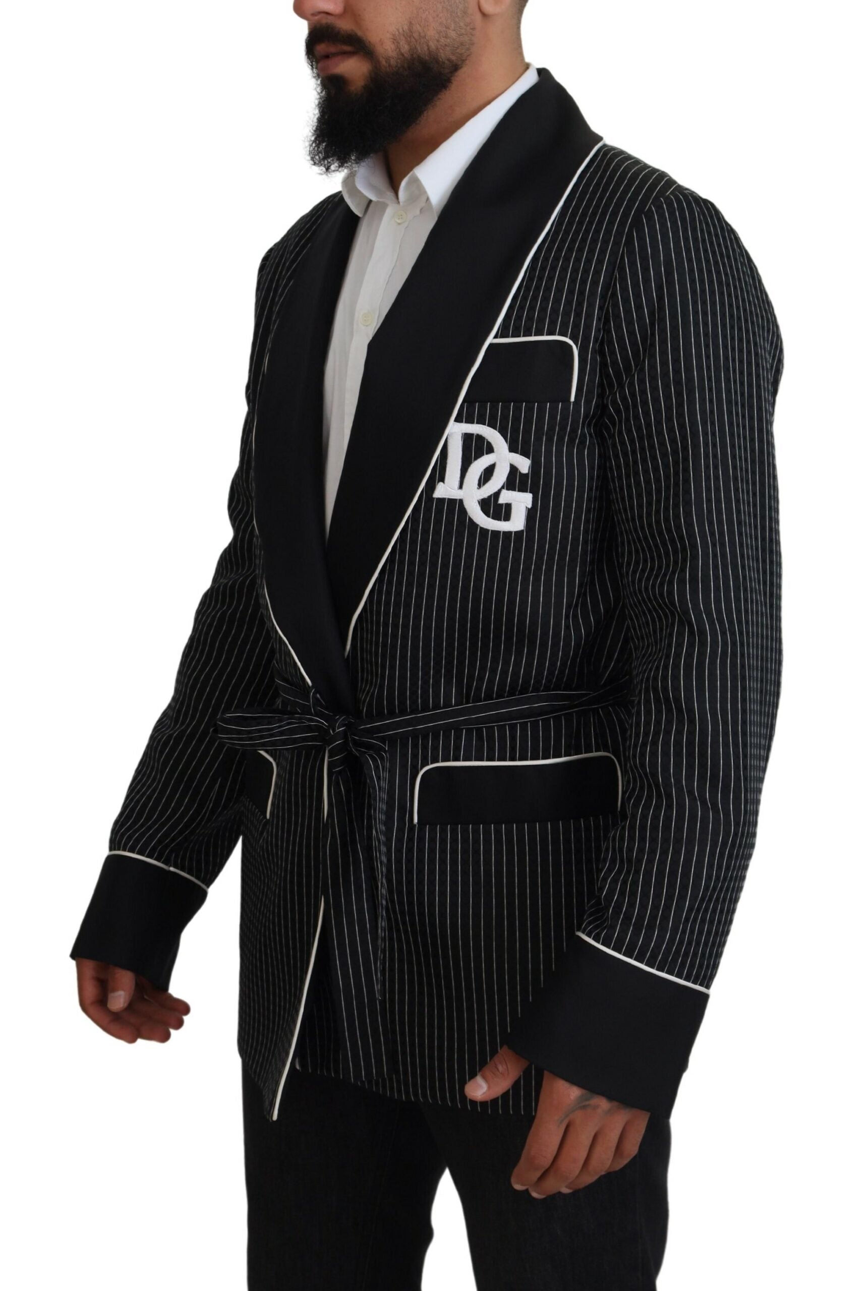 Dolce & Gabbana Black Robe Striped DG Patch Jacket Men Blazer -   -  Dolce & Gabbana. Dolce & Gabbana Black Robe Striped DG Patch Jacket Men Blazer -   -  Dolce & Gabbana.