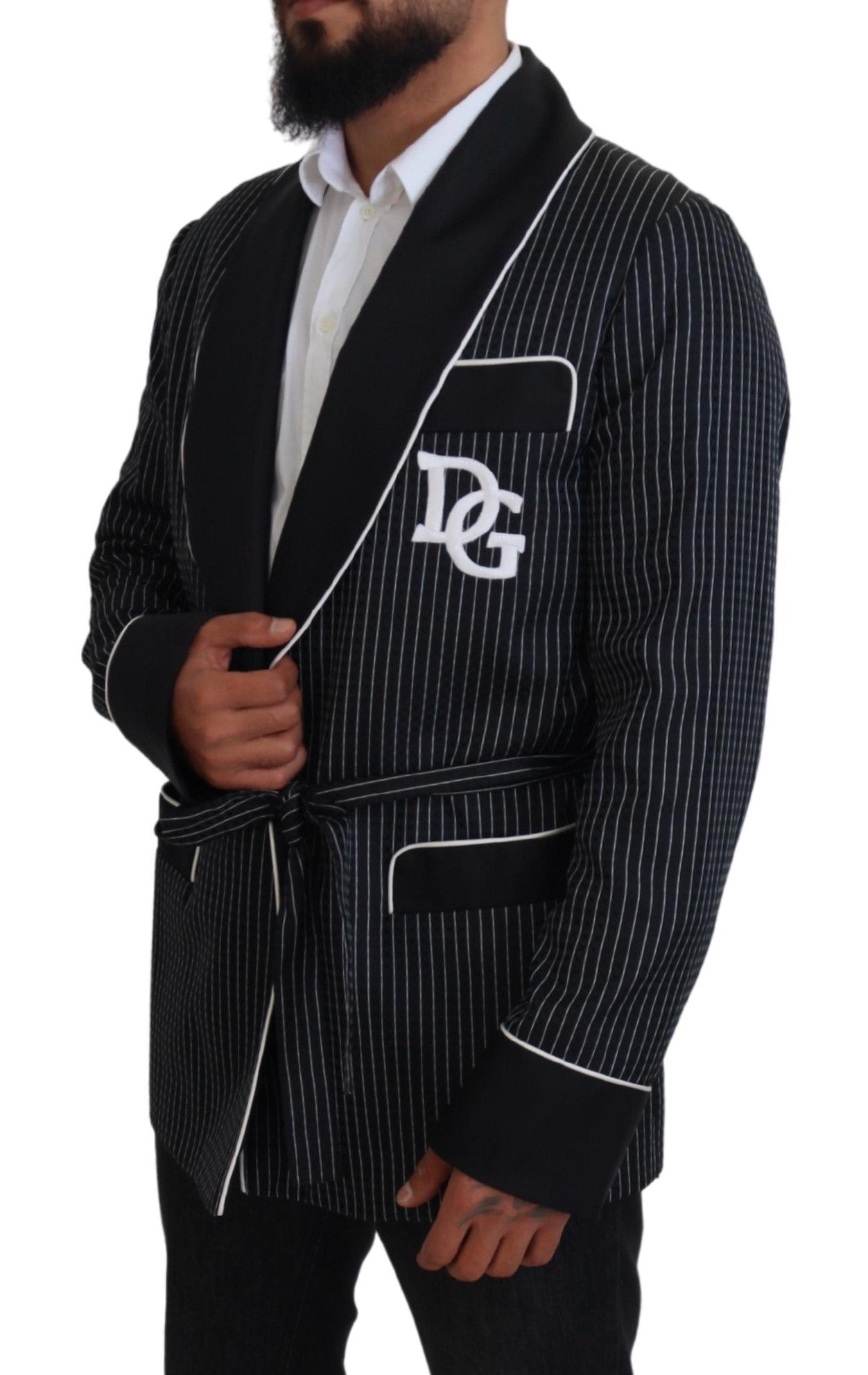 Dolce & Gabbana Black Robe Striped DG Patch Jacket Men Blazer -   -  Dolce & Gabbana. Dolce & Gabbana Black Robe Striped DG Patch Jacket Men Blazer -   -  Dolce & Gabbana.
