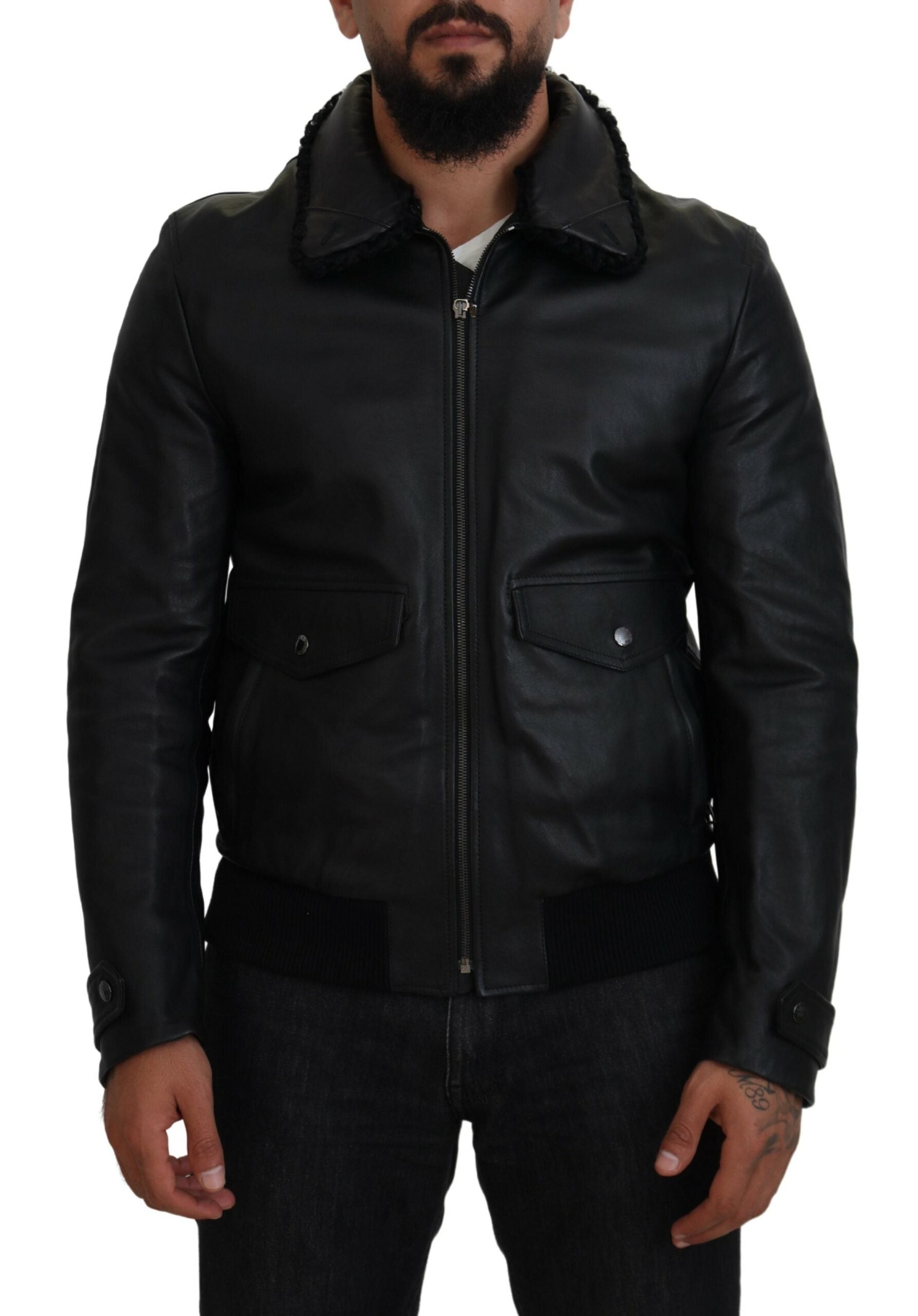 Dolce & Gabbana Black Lamb Leather Collared Men Coat Jacket -   -  Dolce & Gabbana.