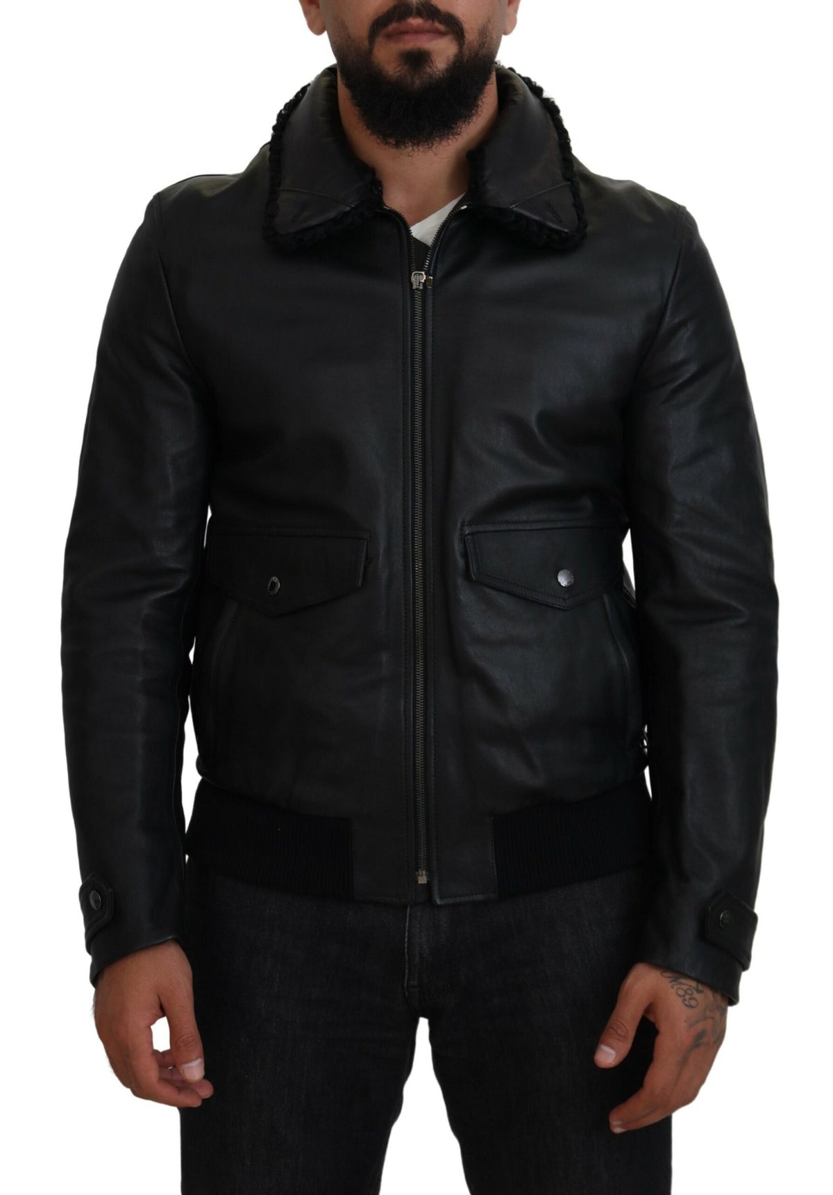 Dolce & Gabbana Black Lamb Leather Collared Men Coat Jacket -   -  Dolce & Gabbana.