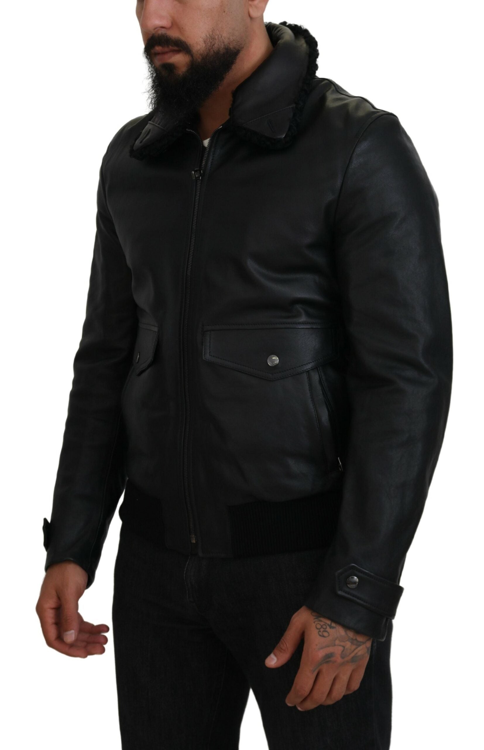 Dolce & Gabbana Black Lamb Leather Collared Men Coat Jacket -   -  Dolce & Gabbana. Dolce & Gabbana Black Lamb Leather Collared Men Coat Jacket -   -  Dolce & Gabbana.