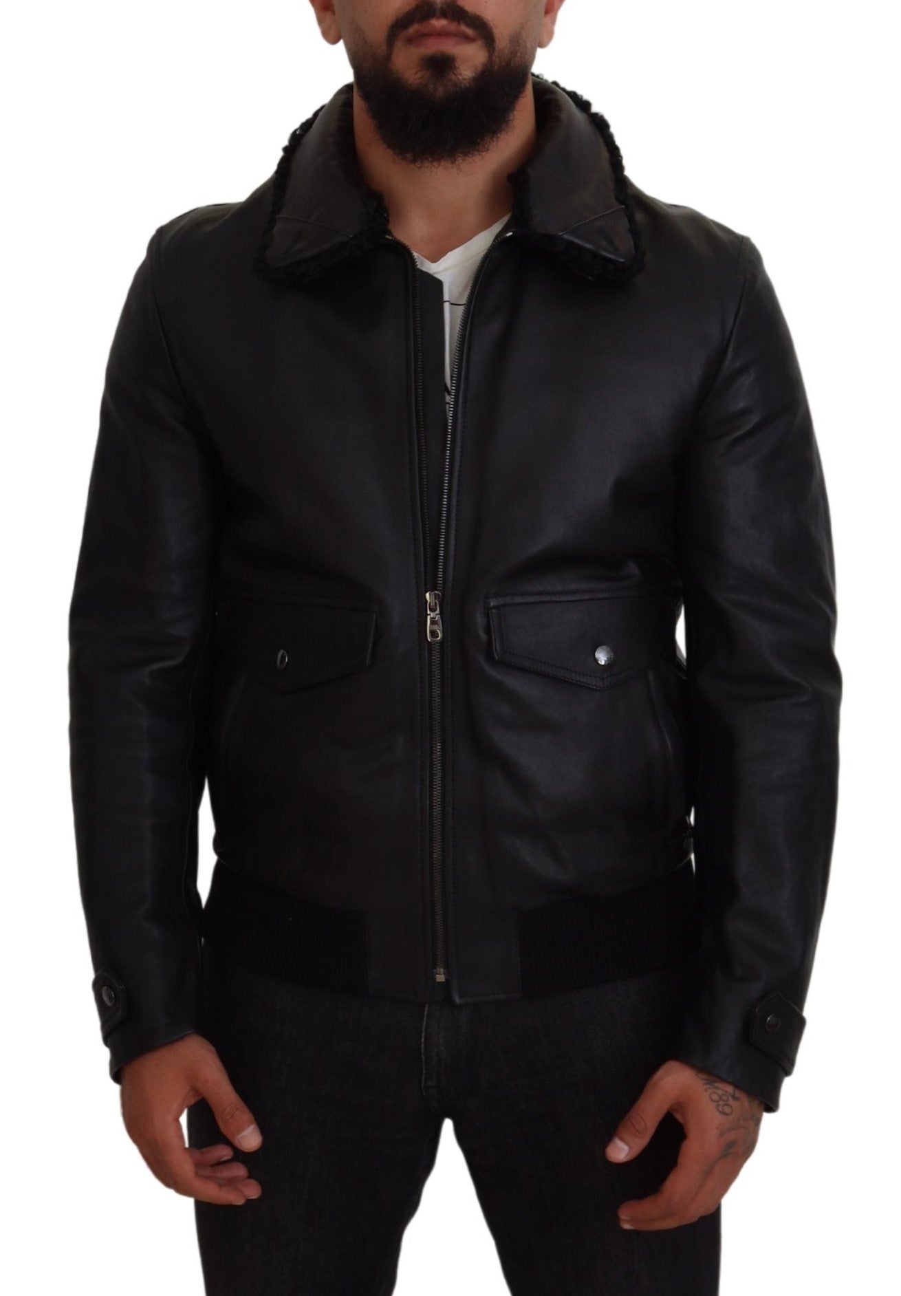 Dolce & Gabbana Black Lamb Leather Collared Men Coat Jacket -   -  Dolce & Gabbana. Dolce & Gabbana Black Lamb Leather Collared Men Coat Jacket -   -  Dolce & Gabbana.