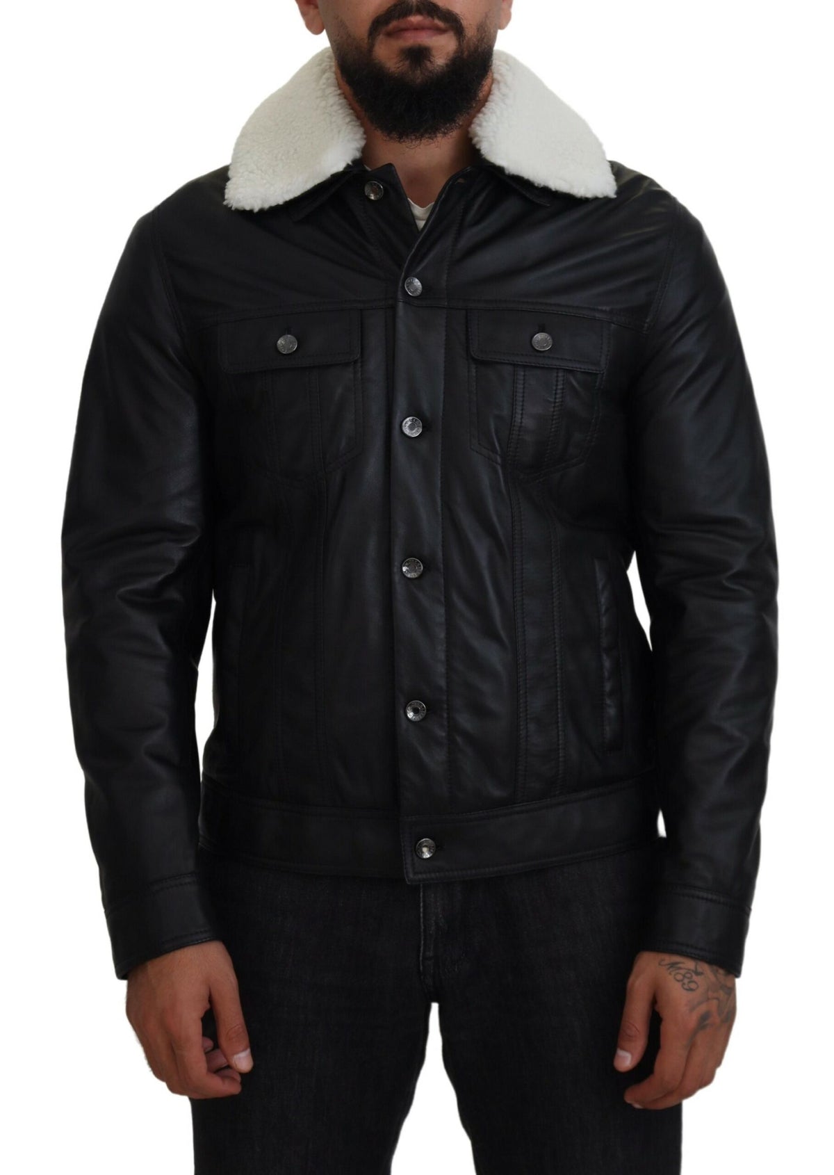 Dolce & Gabbana Black Lamb Leather Collared Men Coat Jacket -   -  Dolce & Gabbana.