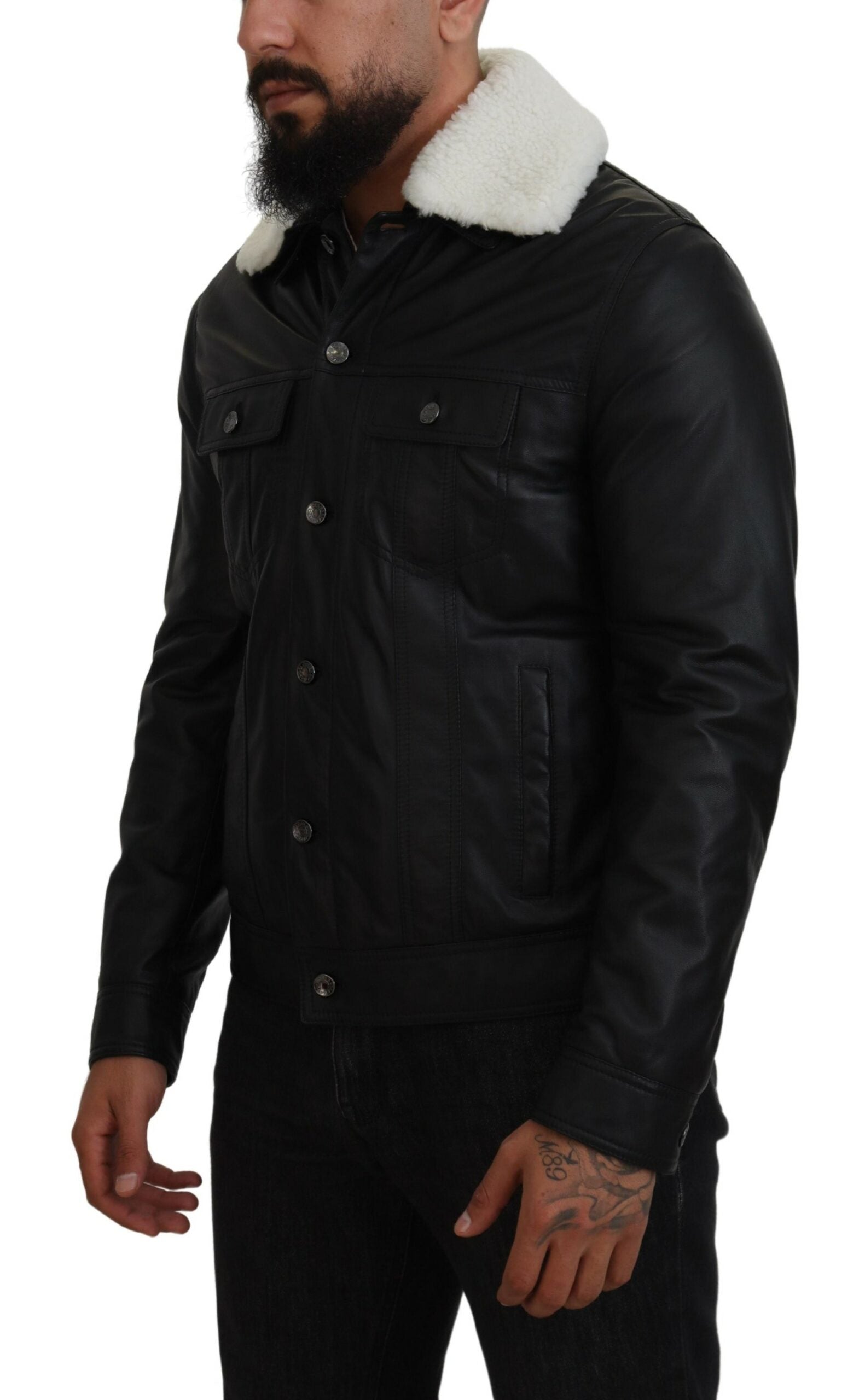 Dolce & Gabbana Black Lamb Leather Collared Men Coat Jacket -   -  Dolce & Gabbana. Dolce & Gabbana Black Lamb Leather Collared Men Coat Jacket -   -  Dolce & Gabbana.