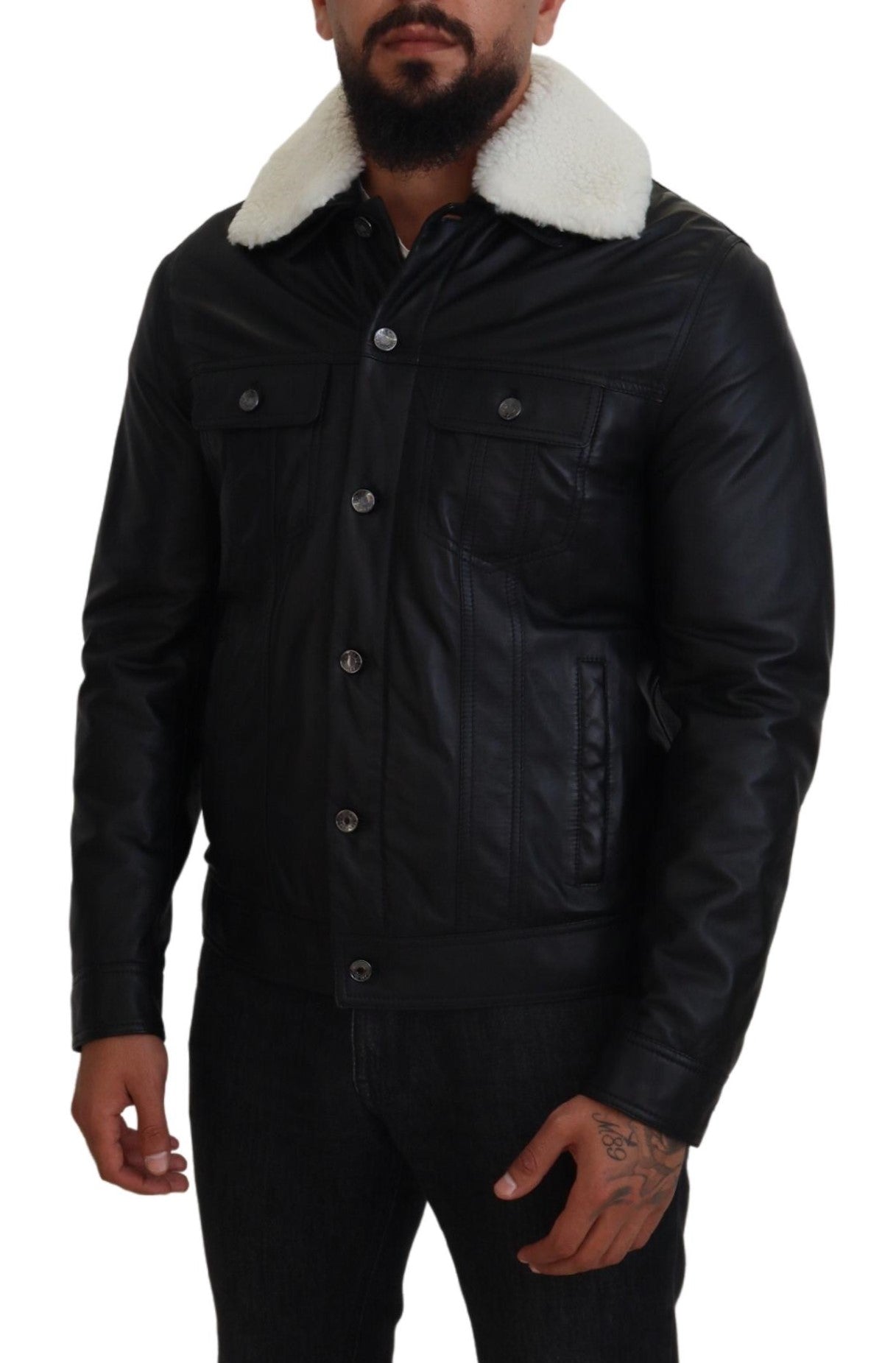 Dolce & Gabbana Black Lamb Leather Collared Men Coat Jacket -   -  Dolce & Gabbana. Dolce & Gabbana Black Lamb Leather Collared Men Coat Jacket -   -  Dolce & Gabbana.