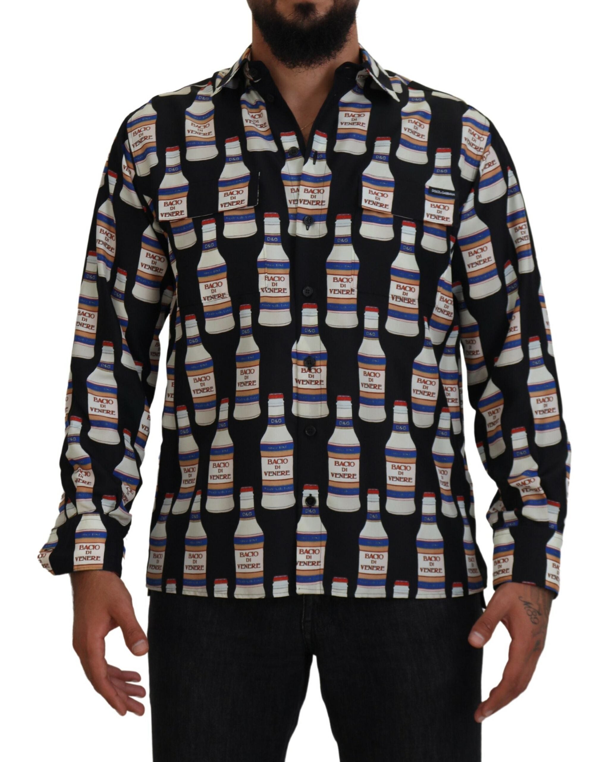 Dolce & Gabbana Black Silk Printed Collared Men Casual Shirt -   -  Dolce & Gabbana.