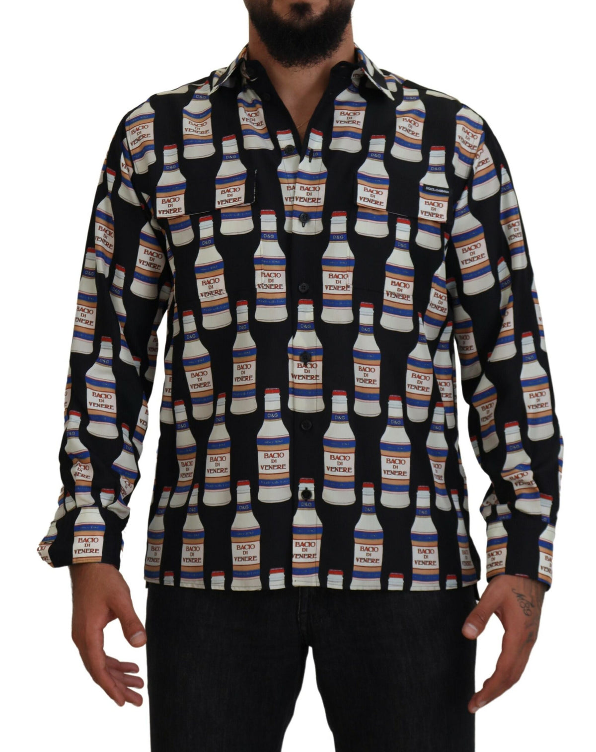 Dolce & Gabbana Black Silk Printed Collared Men Casual Shirt -   -  Dolce & Gabbana.