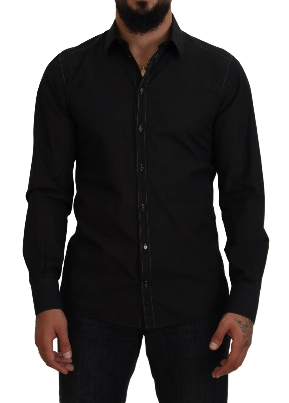 Dolce & Gabbana Black Cotton Collared Long Sleeve GOLD Shirt -   -  Dolce & Gabbana.