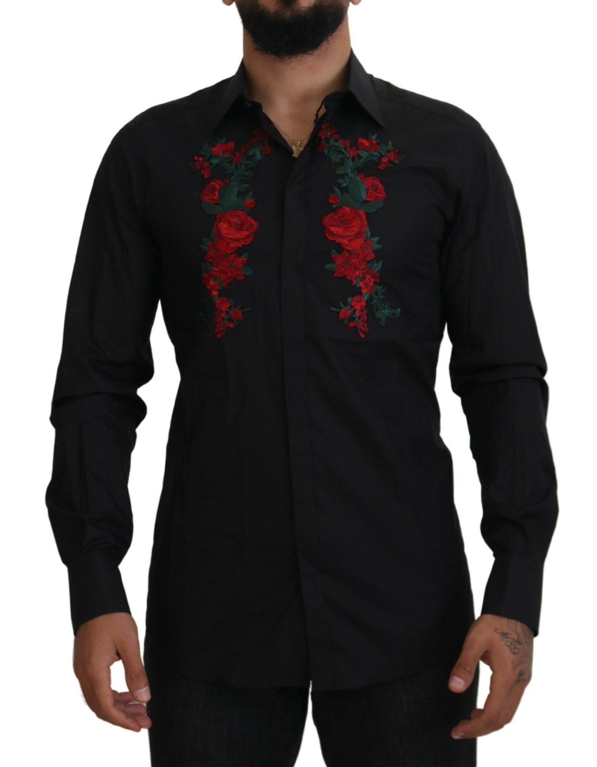 Dolce & Gabbana Black Floral Embroidery Men Long Sleeves GOLD Shirt -   -  Dolce & Gabbana.