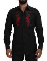 Dolce & Gabbana Black Floral Embroidery Men Long Sleeves GOLD Shirt -   -  Dolce & Gabbana.