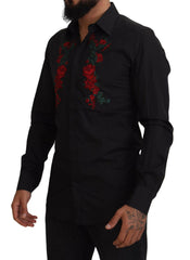 Dolce & Gabbana Black Floral Embroidery Men Long Sleeves GOLD Shirt -   -  Dolce & Gabbana.