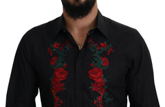 Dolce & Gabbana Black Floral Embroidery Men Long Sleeves GOLD Shirt -   -  Dolce & Gabbana.