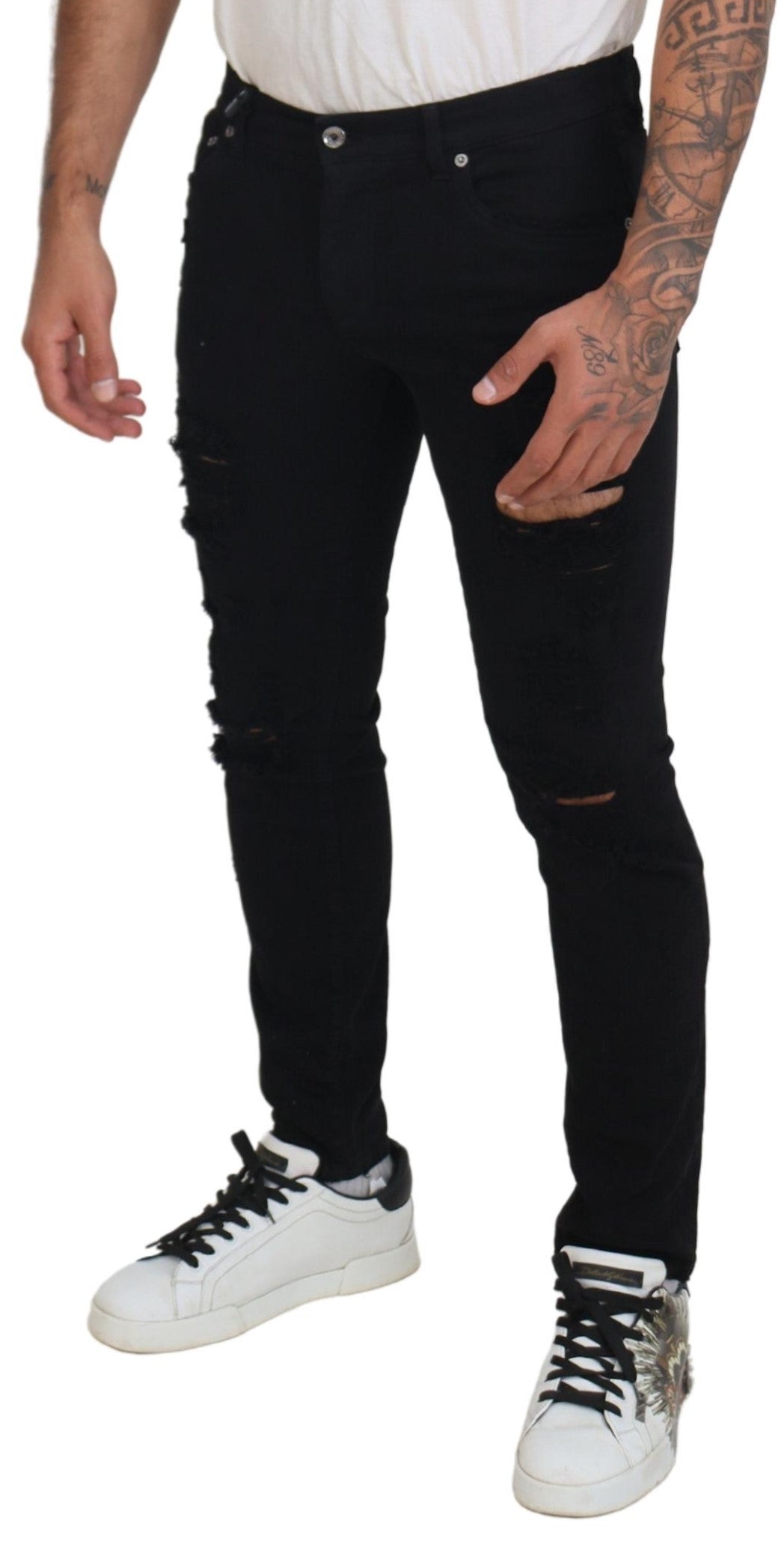 Dolce & Gabbana Black Slim Fit Tattered Denim Cotton Jeans -   -  Dolce & Gabbana. Dolce & Gabbana Black Slim Fit Tattered Denim Cotton Jeans -   -  Dolce & Gabbana.