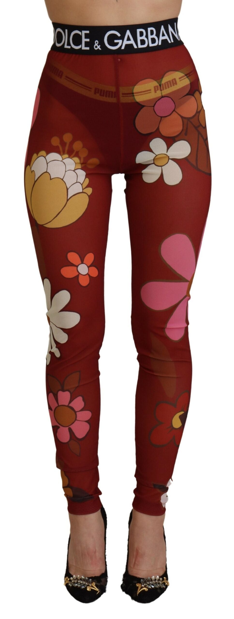 Dolce & Gabbana Red Floral Leggings Stretch Waist Pants -   -  Dolce & Gabbana.