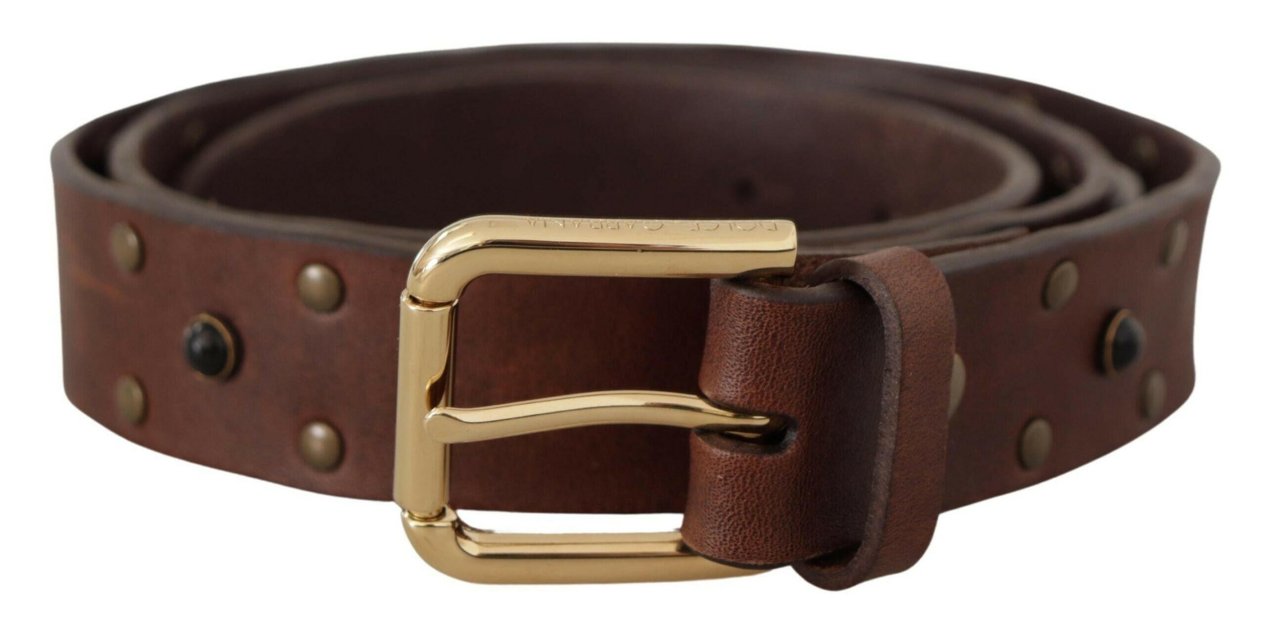 Dolce & Gabbana Brown Leather Studded Gold Tone Metal Buckle Belt -   -  Dolce & Gabbana.