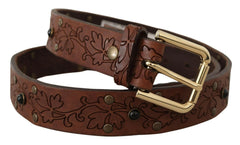 Dolce & Gabbana Brown Leather Floral Studded Metal Buckle Belt -   -  Dolce & Gabbana.