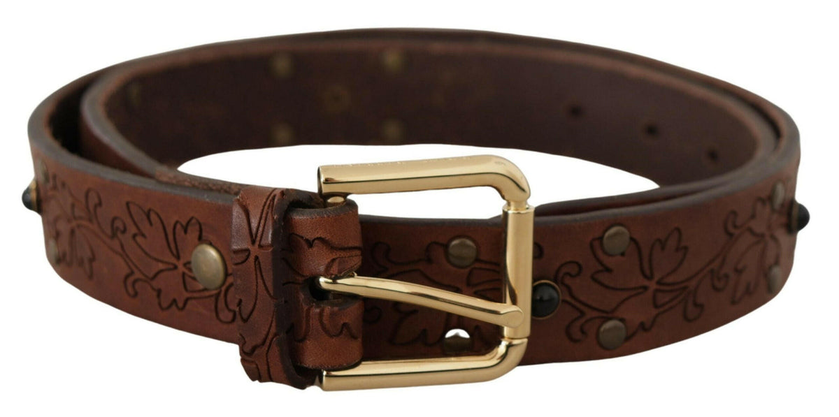 Dolce & Gabbana Brown Leather Floral Studded Metal Buckle Belt -   -  Dolce & Gabbana.