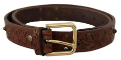 Dolce & Gabbana Brown Leather Floral Studded Metal Buckle Belt -   -  Dolce & Gabbana.