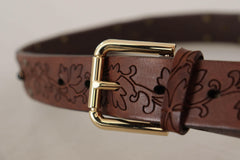 Dolce & Gabbana Brown Leather Floral Studded Metal Buckle Belt -   -  Dolce & Gabbana.
