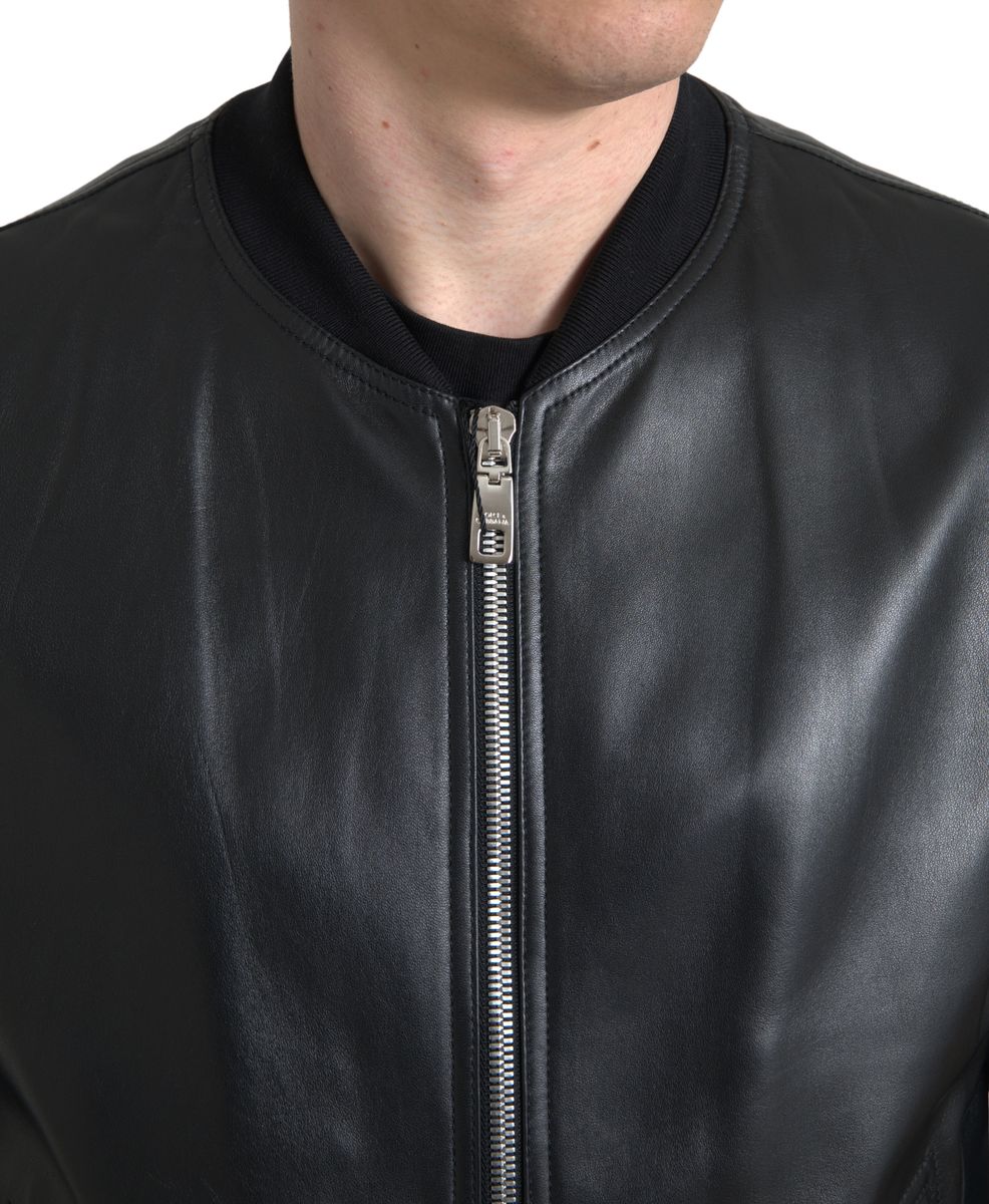 Dolce & Gabbana Black Leather Full Zip Bomber Men Jacket -   -  Dolce & Gabbana. Dolce & Gabbana Black Leather Full Zip Bomber Men Jacket -   -  Dolce & Gabbana.