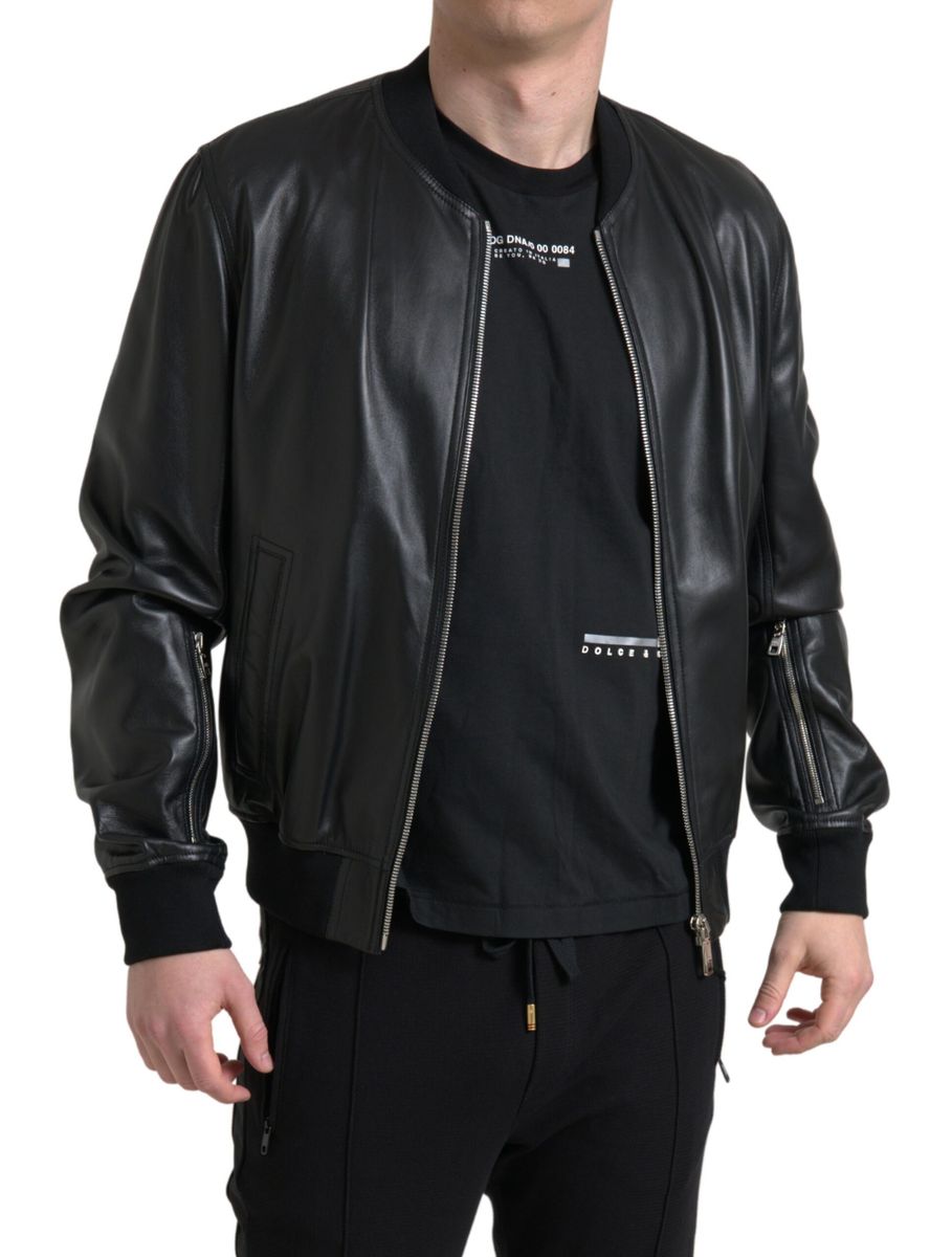 Dolce & Gabbana Black Leather Full Zip Bomber Men Jacket -   -  Dolce & Gabbana. Dolce & Gabbana Black Leather Full Zip Bomber Men Jacket -   -  Dolce & Gabbana.