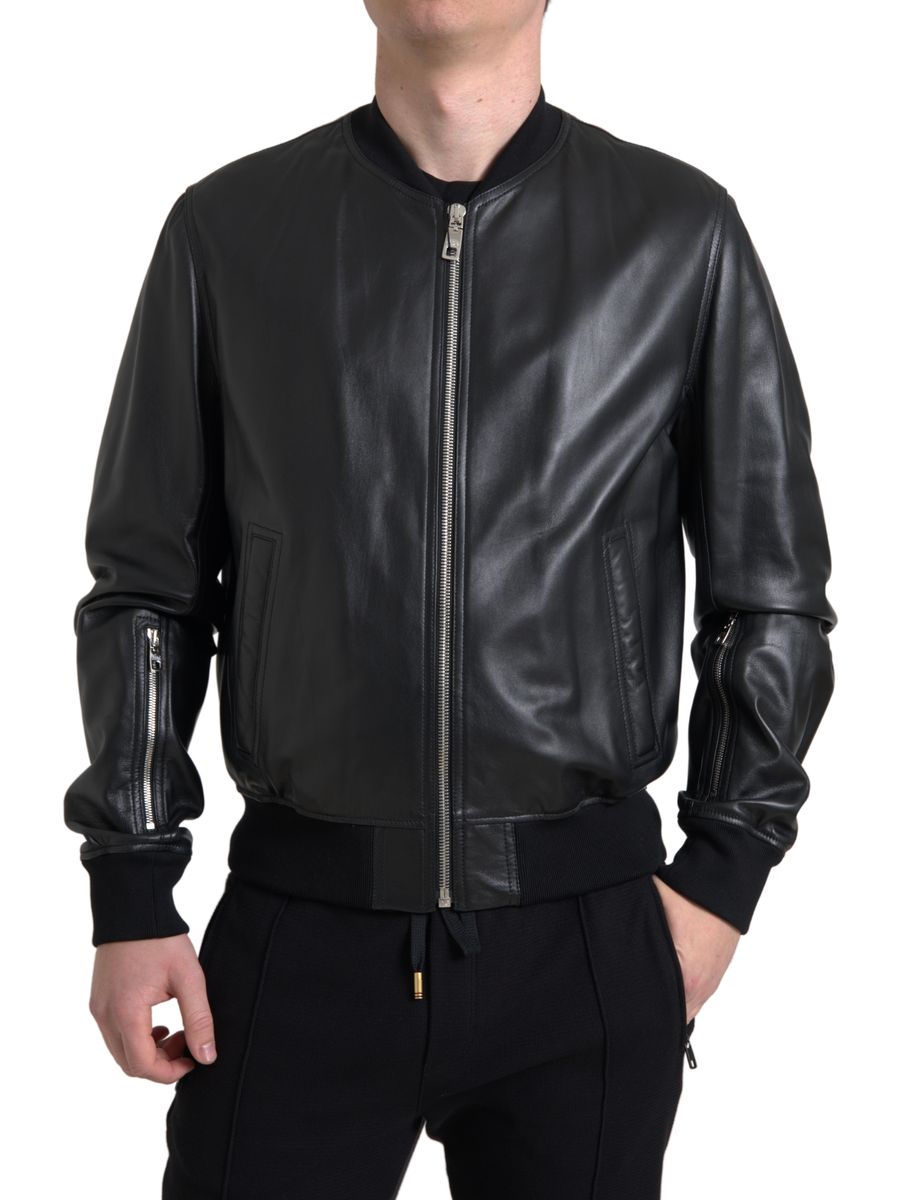 Dolce & Gabbana Black Leather Full Zip Bomber Men Jacket -   -  Dolce & Gabbana.