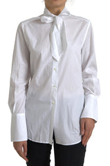 Dolce & Gabbana White Cotton Ascot Collar Long Sleeves Top -   -  Dolce & Gabbana.