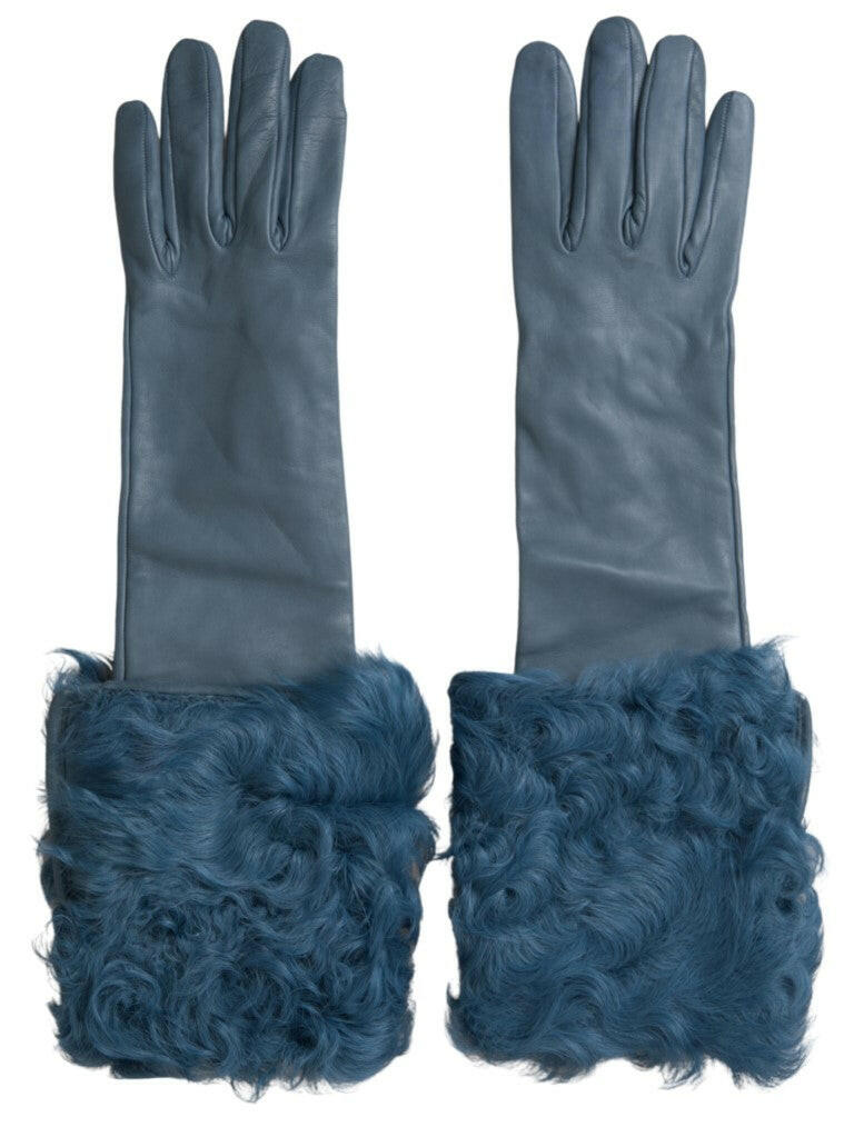 Dolce & Gabbana Blue Leather Fur Mid Arm Length Gloves - - Dolce & Gabbana.