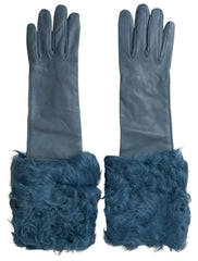 Dolce & Gabbana Blue Leather Fur Mid Arm Length Gloves - - Dolce & Gabbana.