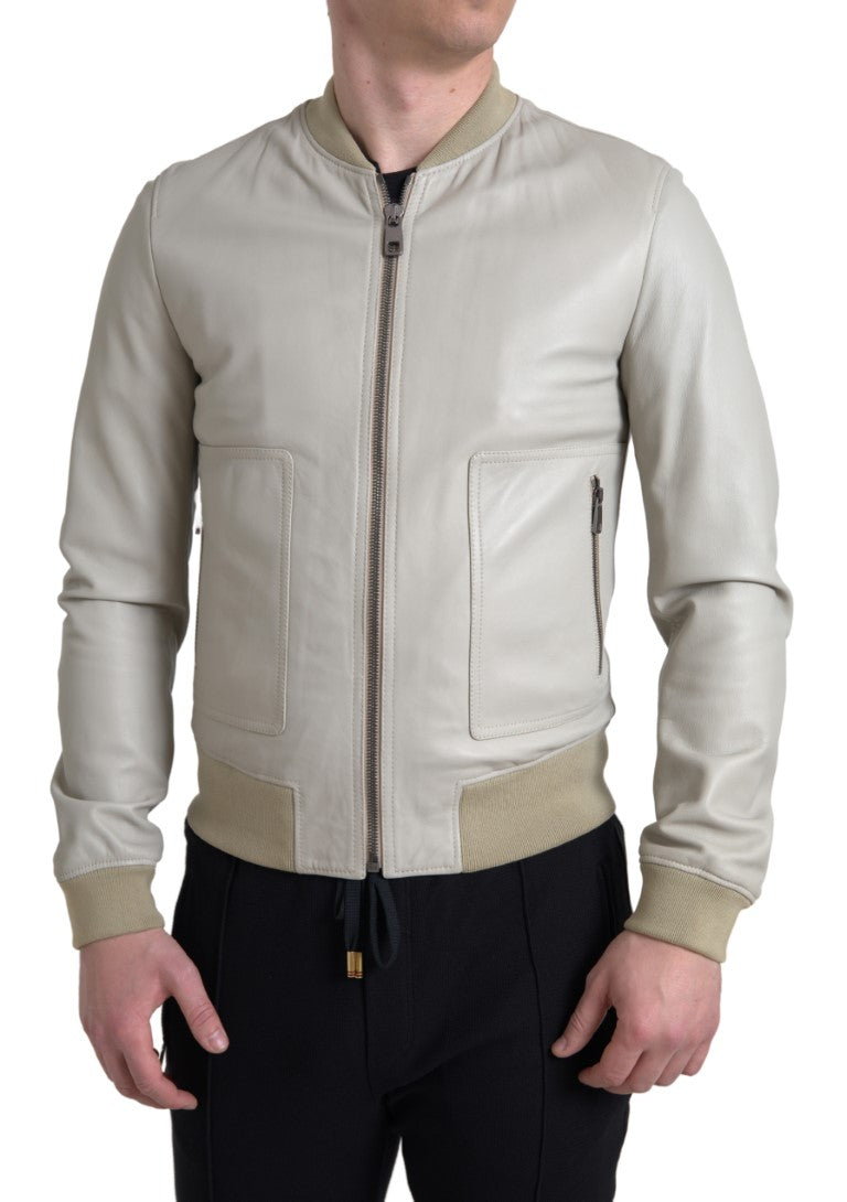 Dolce & Gabbana Cream Leather Bomber Blouson Full Zip Jacket -   -  Dolce & Gabbana.