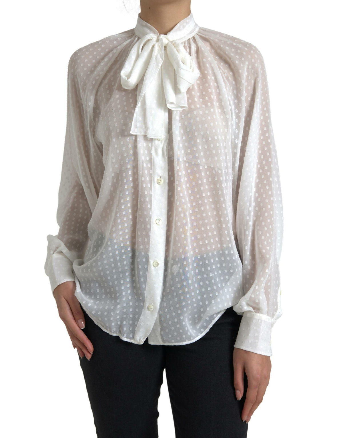Dolce & Gabbana White Silk Sheer Tied Neck Polka Dots Blouse -   -  Dolce & Gabbana.