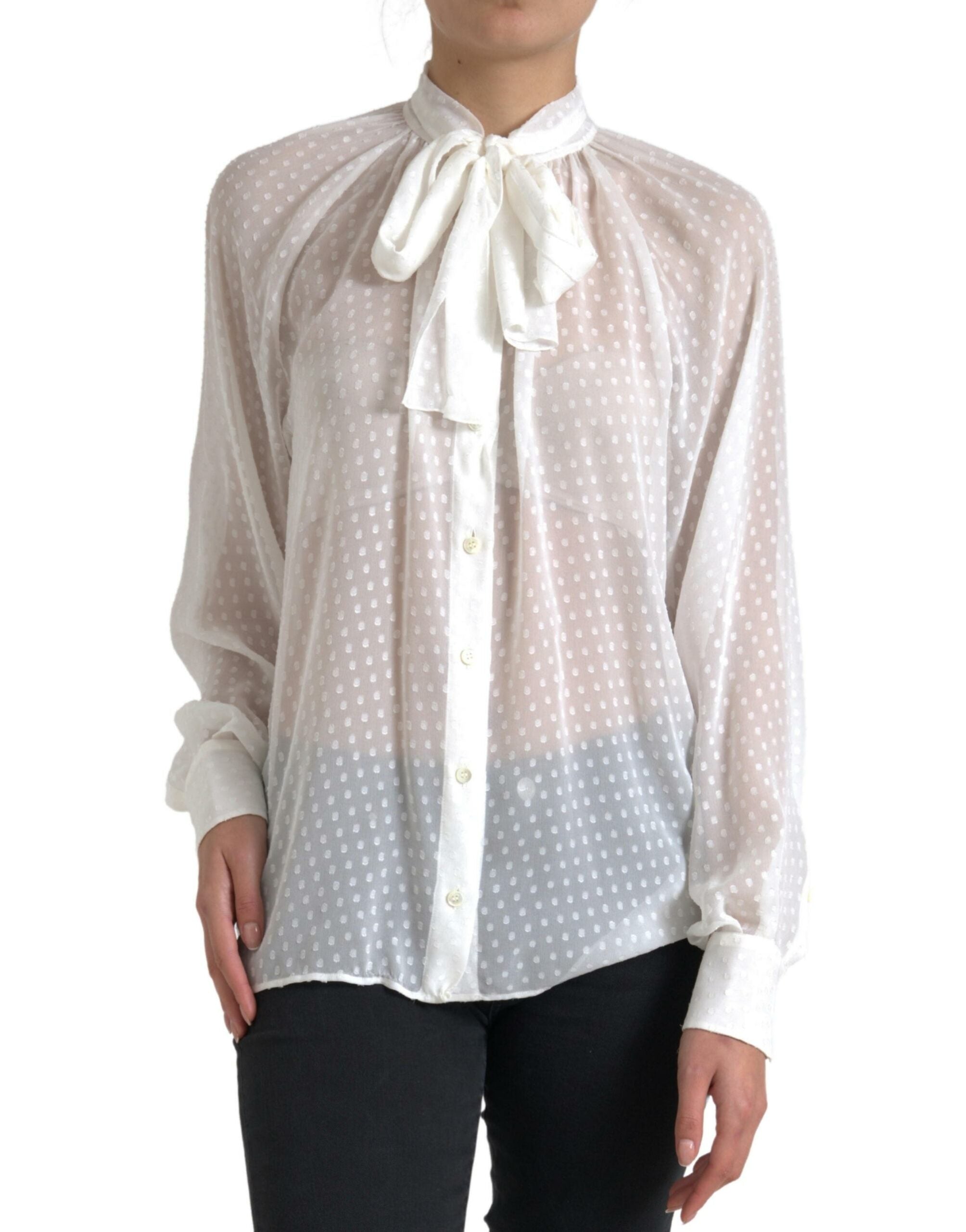 Dolce & Gabbana White Silk Sheer Tied Neck Polka Dots Blouse -   -  Dolce & Gabbana. Dolce & Gabbana White Silk Sheer Tied Neck Polka Dots Blouse -   -  Dolce & Gabbana.