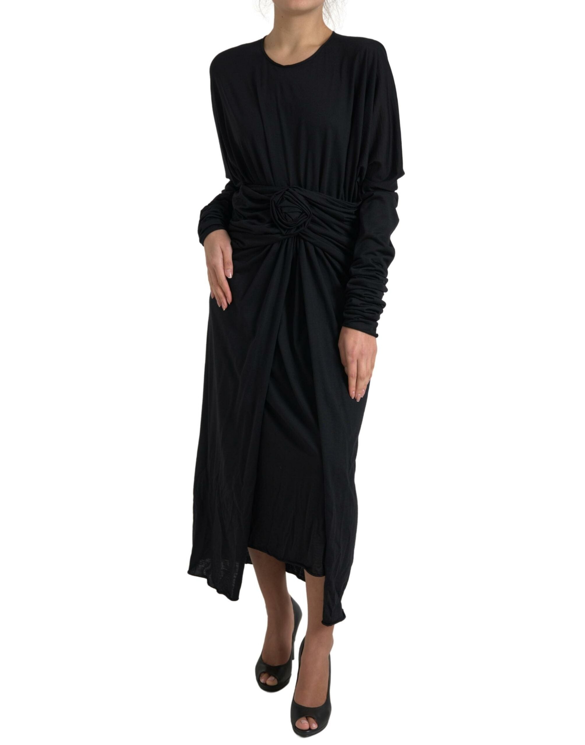 Dolce & Gabbana Black Wool Wrap Sheath Midi Gown Dress -   -  Dolce & Gabbana.