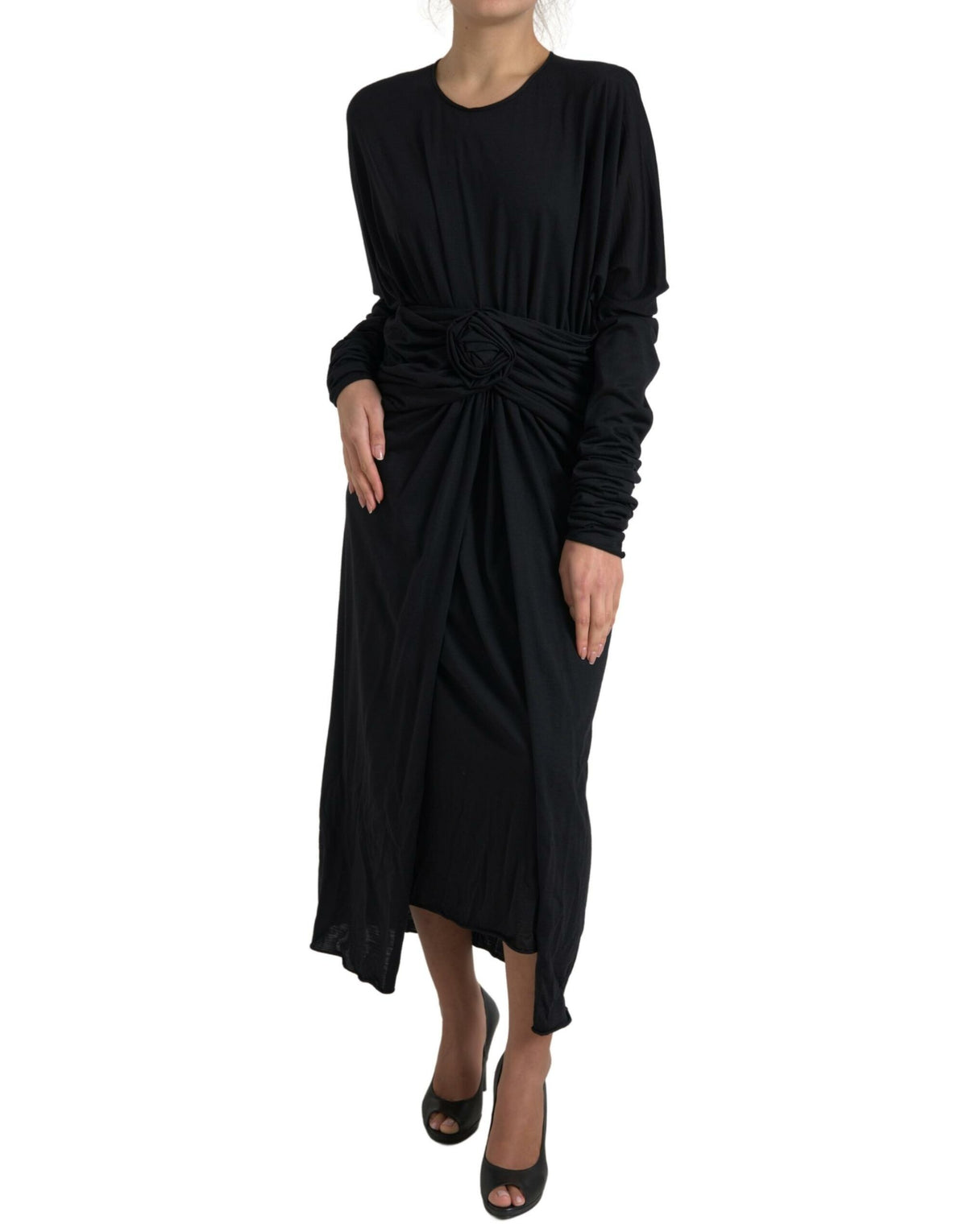 Dolce & Gabbana Black Wool Wrap Sheath Midi Gown Dress -   -  Dolce & Gabbana.