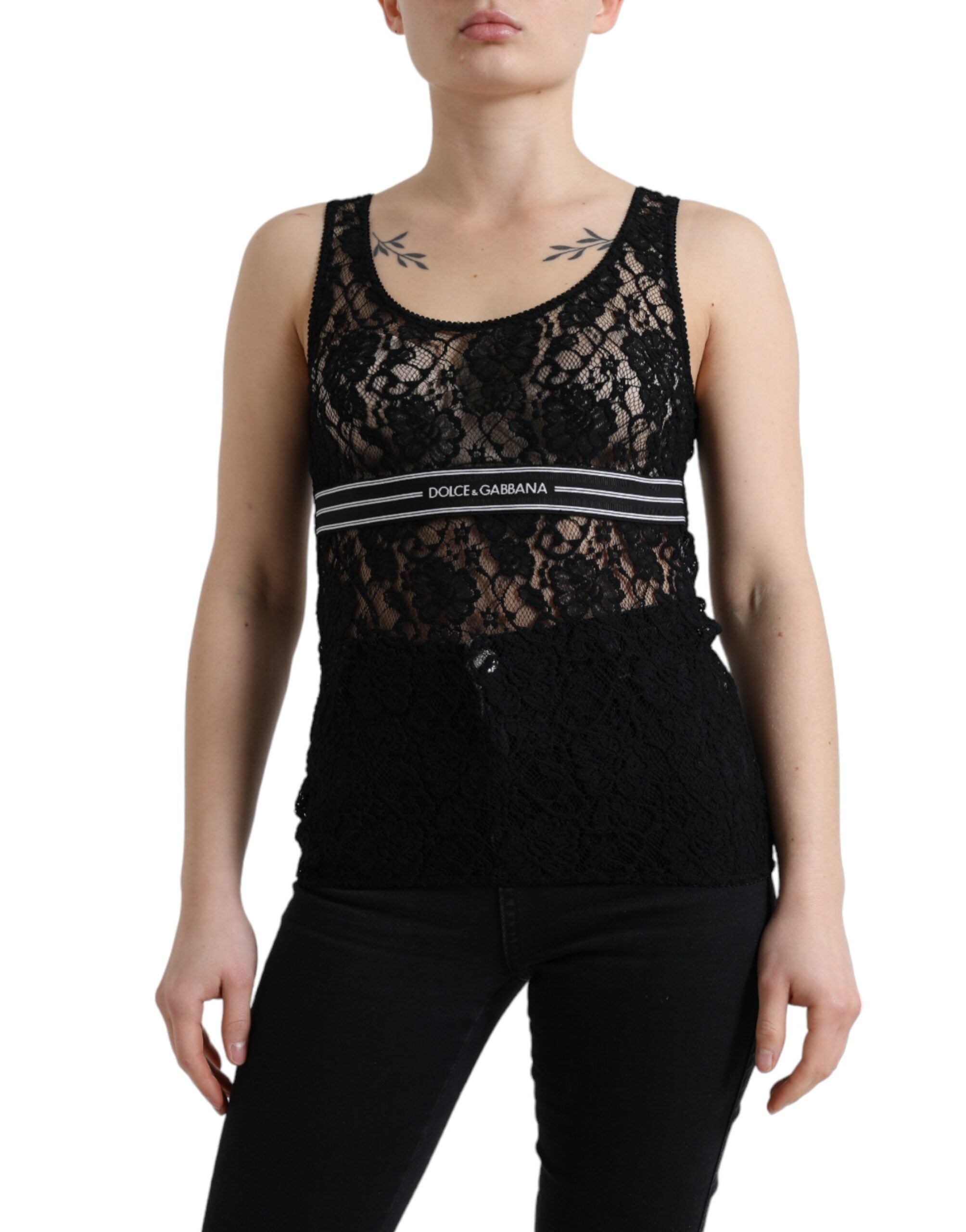 Dolce & Gabbana Black Logo Stripe Lace Sleeveless Tank Top -   -  Dolce & Gabbana.