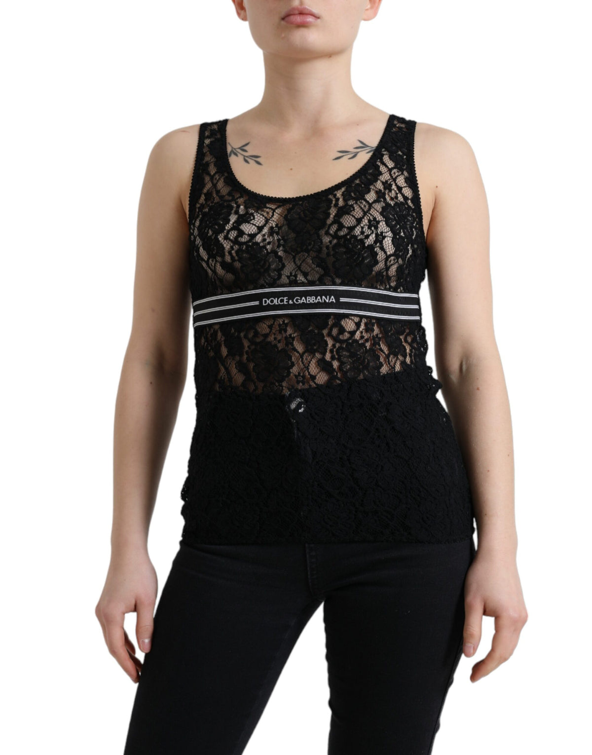 Dolce & Gabbana Black Logo Stripe Lace Sleeveless Tank Top -   -  Dolce & Gabbana.