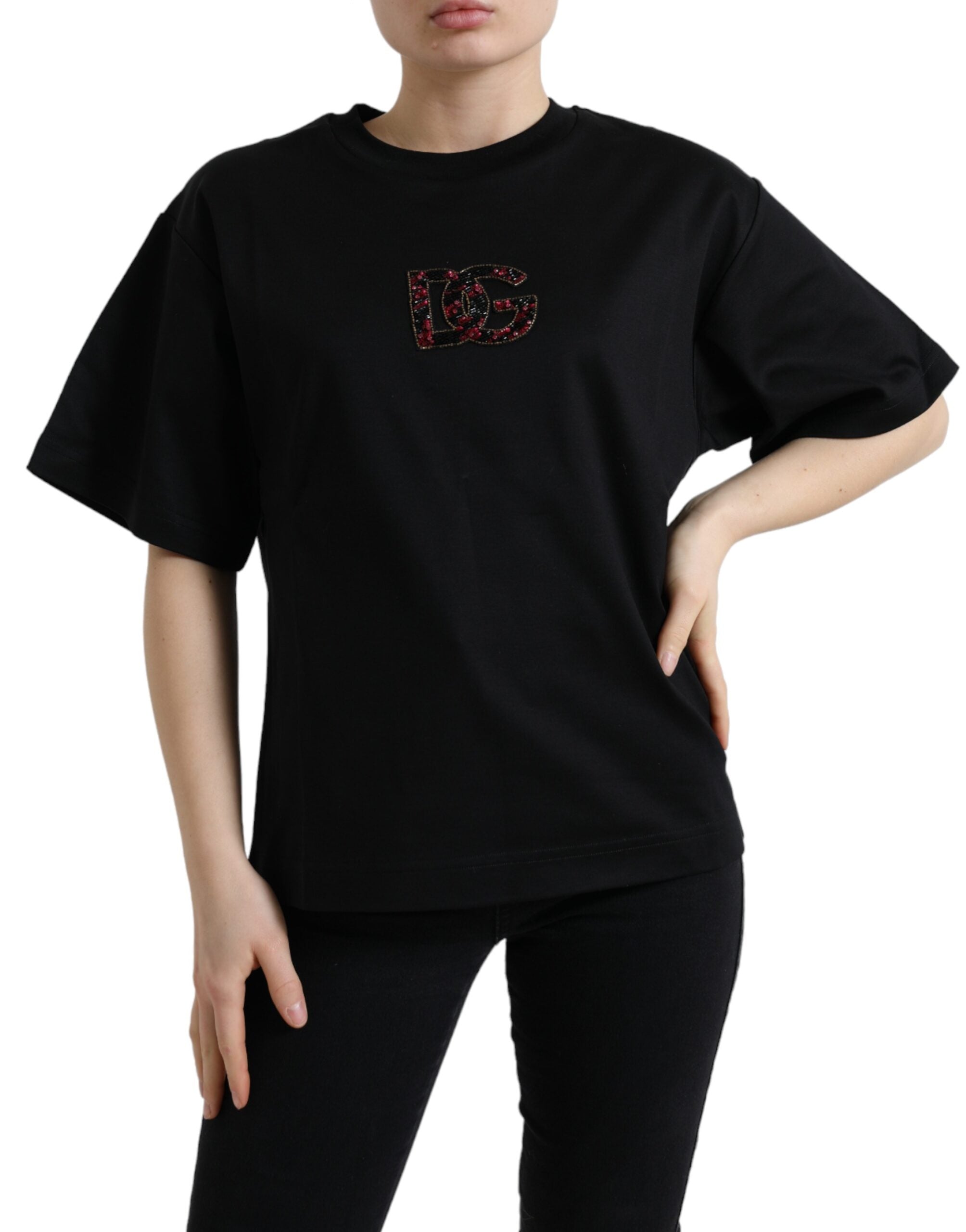 Dolce & Gabbana Black Cotton DG Crystal Crewneck Tee T-shirt - - Dolce & Gabbana.