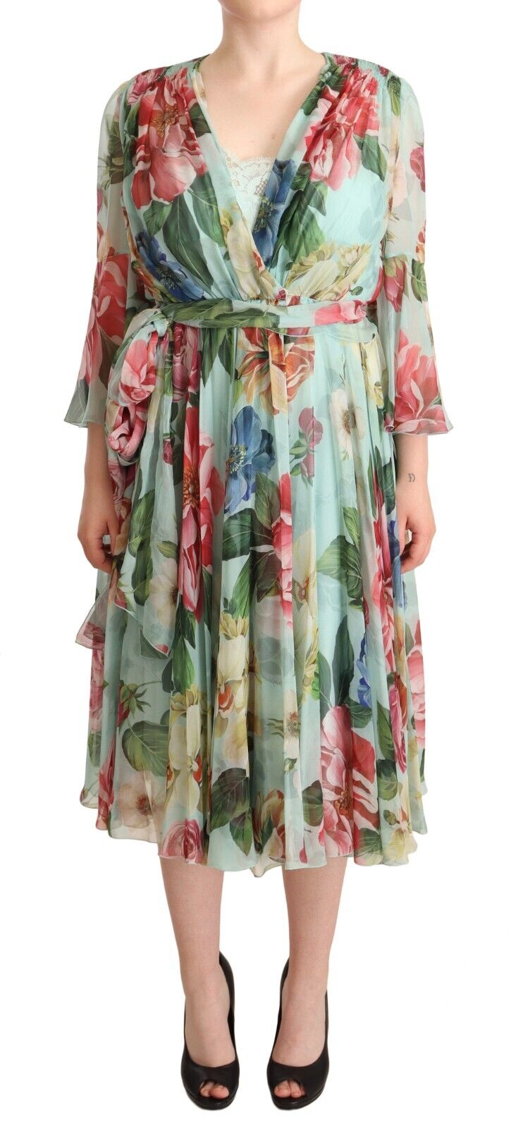 Dolce & Gabbana Multicolor Green Floral Silk Wrap Midi Dress -   -  Dolce & Gabbana.