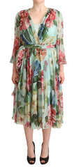 Dolce & Gabbana Multicolor Green Floral Silk Wrap Midi Dress -   -  Dolce & Gabbana.