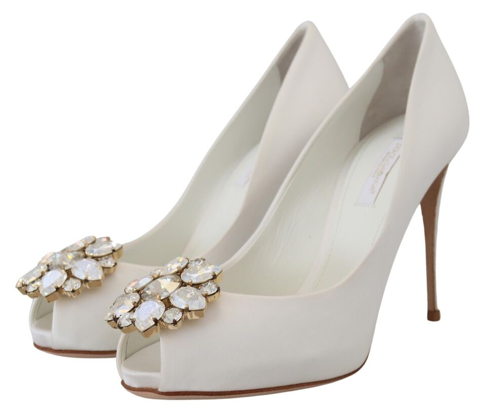 Dolce & Gabbana White Crystals Peep Toe Heel Satin Pumps -   -  Dolce & Gabbana. Dolce & Gabbana White Crystals Peep Toe Heel Satin Pumps -   -  Dolce & Gabbana.
