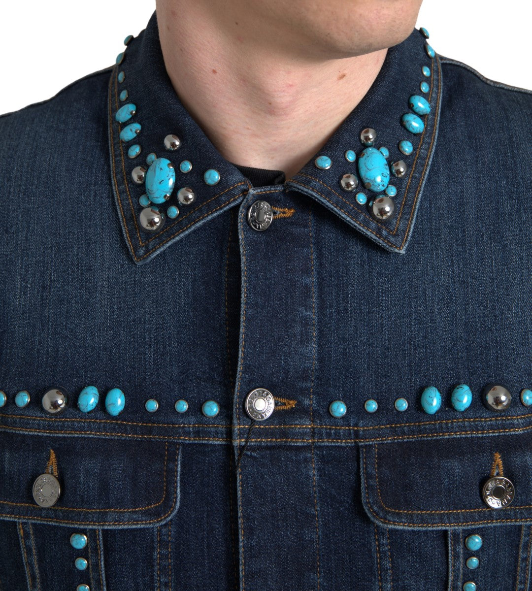 Dolce & Gabbana Blue Denim Turquoise Stones Studded Jacket -   -  Dolce & Gabbana. Dolce & Gabbana Blue Denim Turquoise Stones Studded Jacket -   -  Dolce & Gabbana.