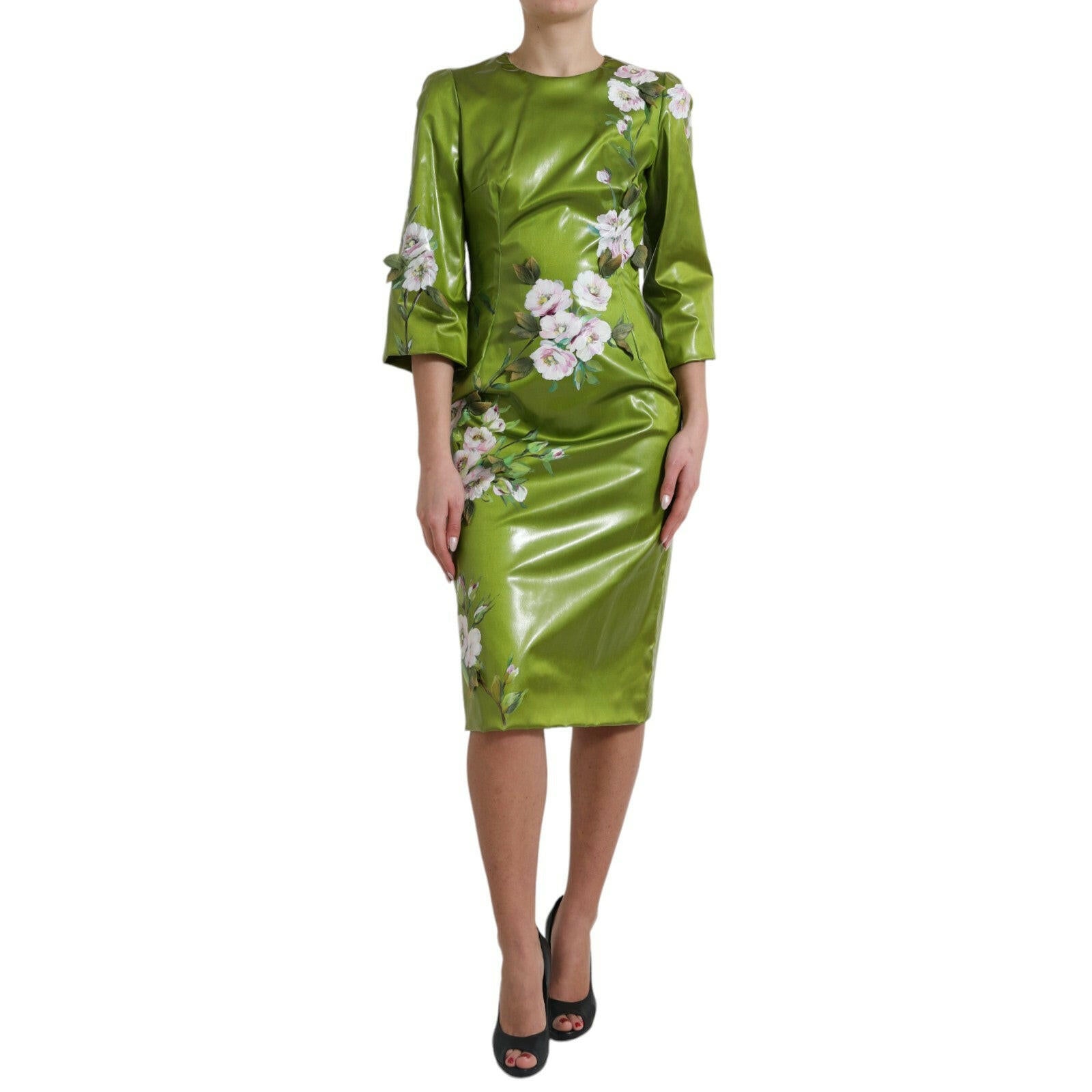 Dolce & Gabbana Green Floral Embellished Sheath Midi Dress -   -  Dolce & Gabbana.