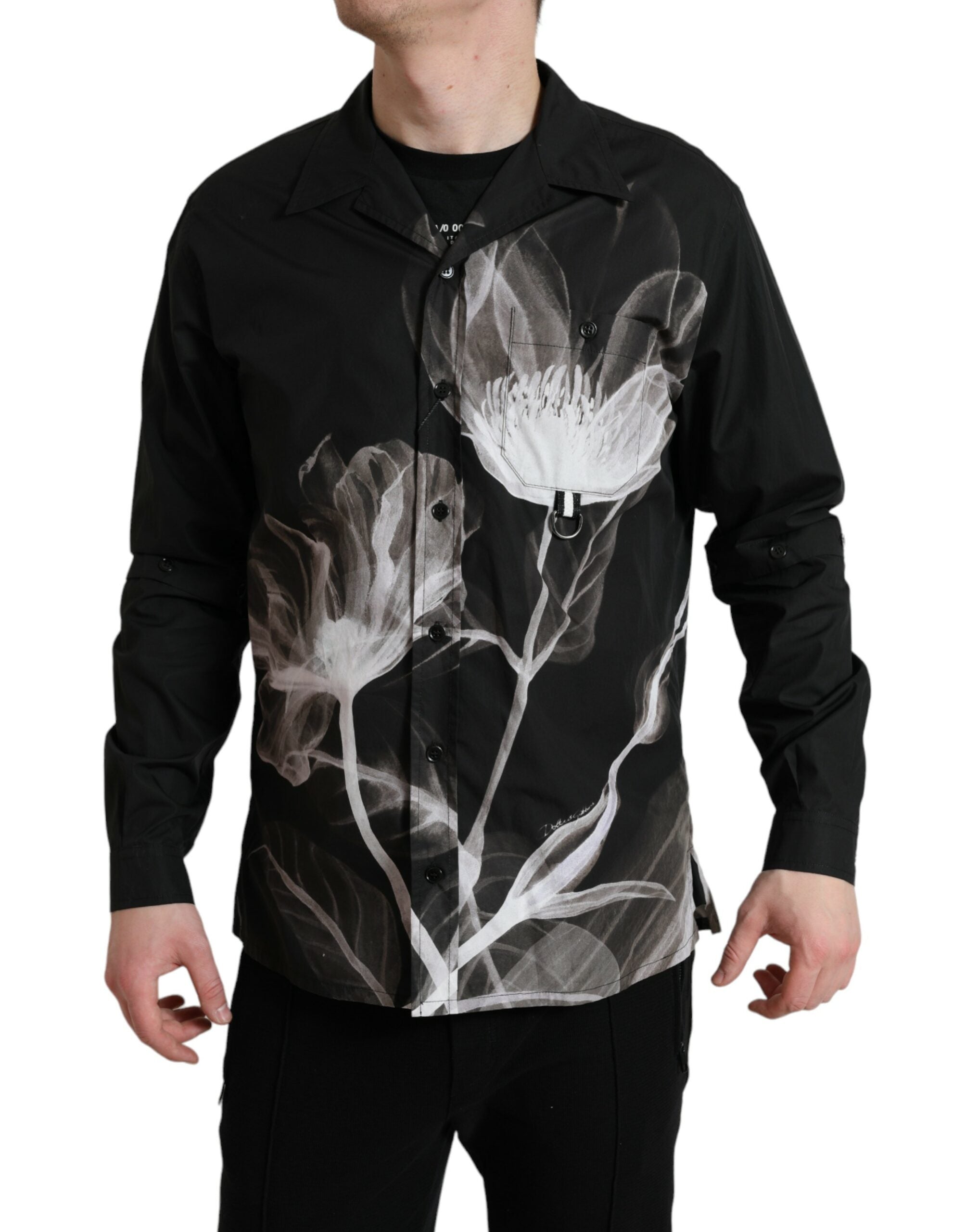 Dolce & Gabbana Black Floral Cotton Collared Long Sleeves Men Shirt -   -  Dolce & Gabbana.