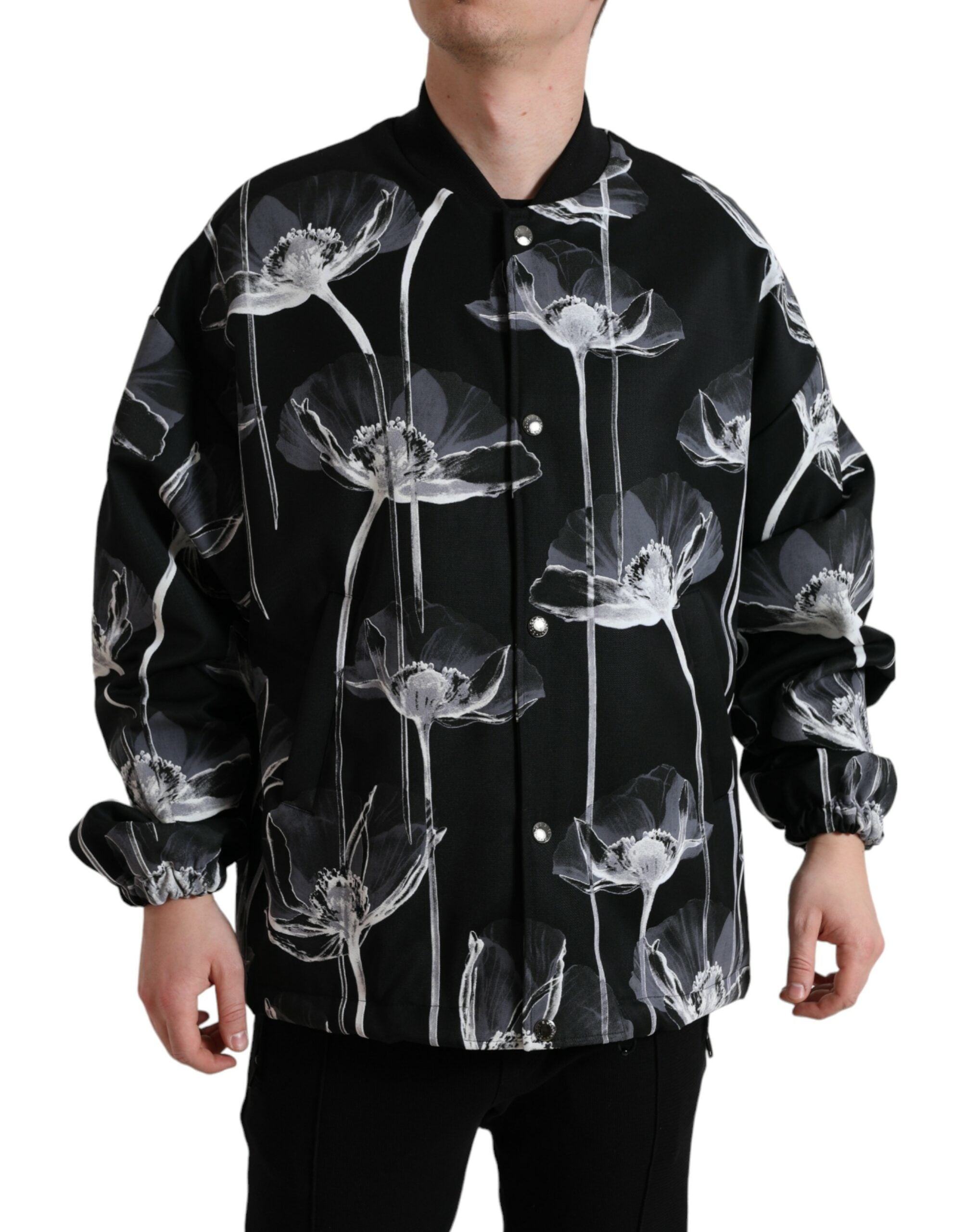 Dolce & Gabbana Black Floral Print Wool Button Down Bomber Jacket -   -  Dolce & Gabbana.