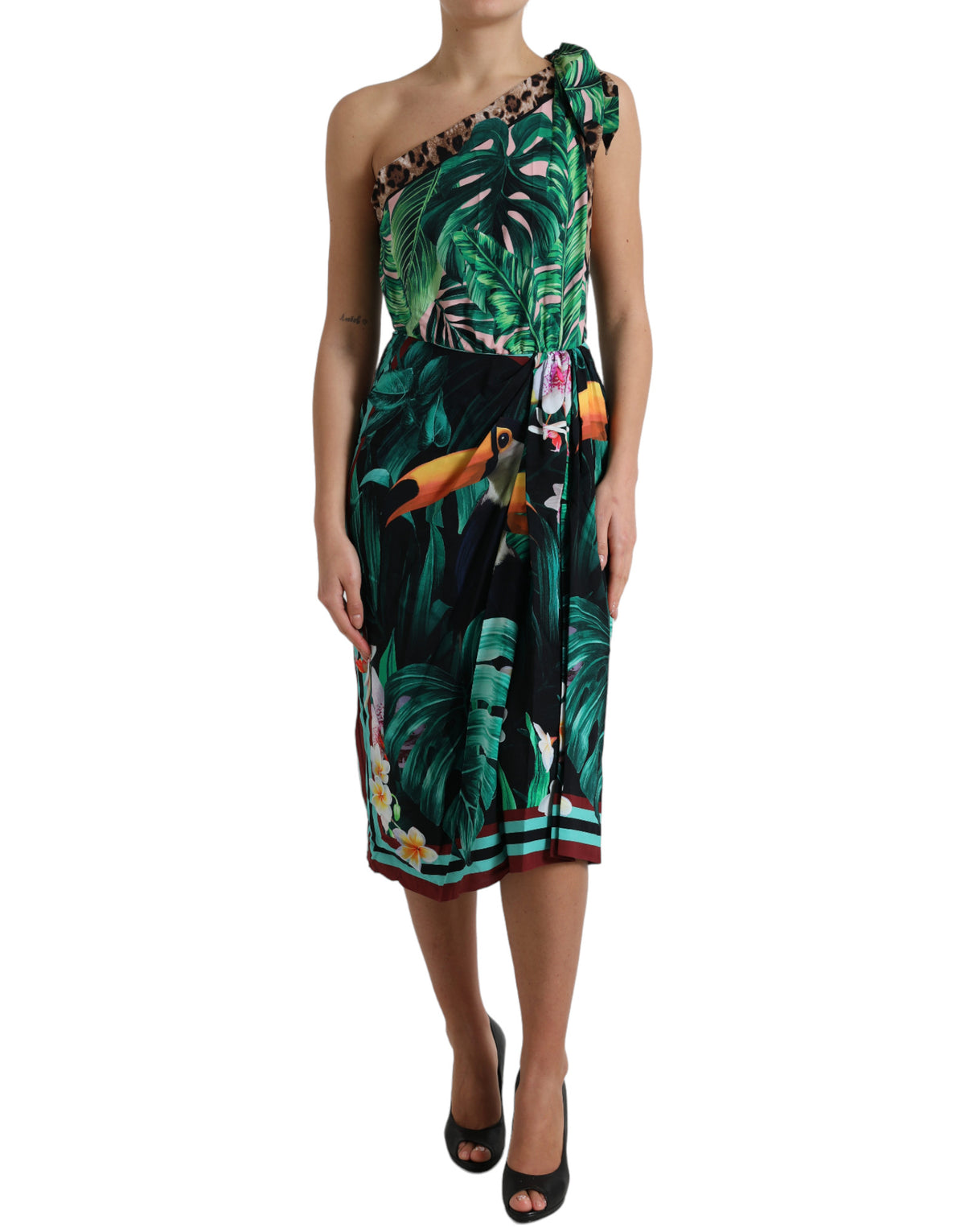 Dolce & Gabbana Green Tropical Jungle Print One Shoulder Midi Dress -   -  Dolce & Gabbana.