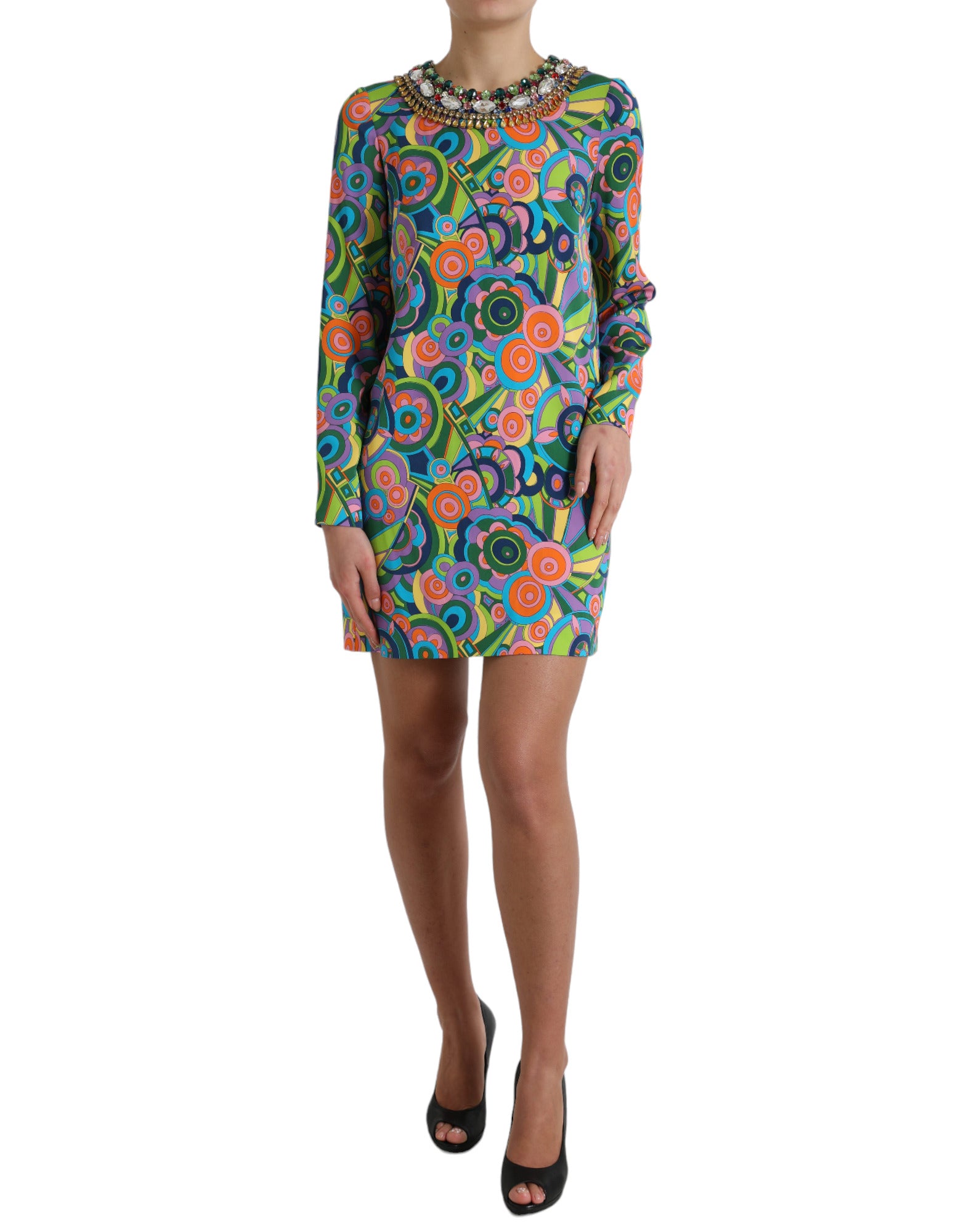 Dolce & Gabbana Multicolor Geometric Print Silk Crystals Midi Dress -   -  Dolce & Gabbana.