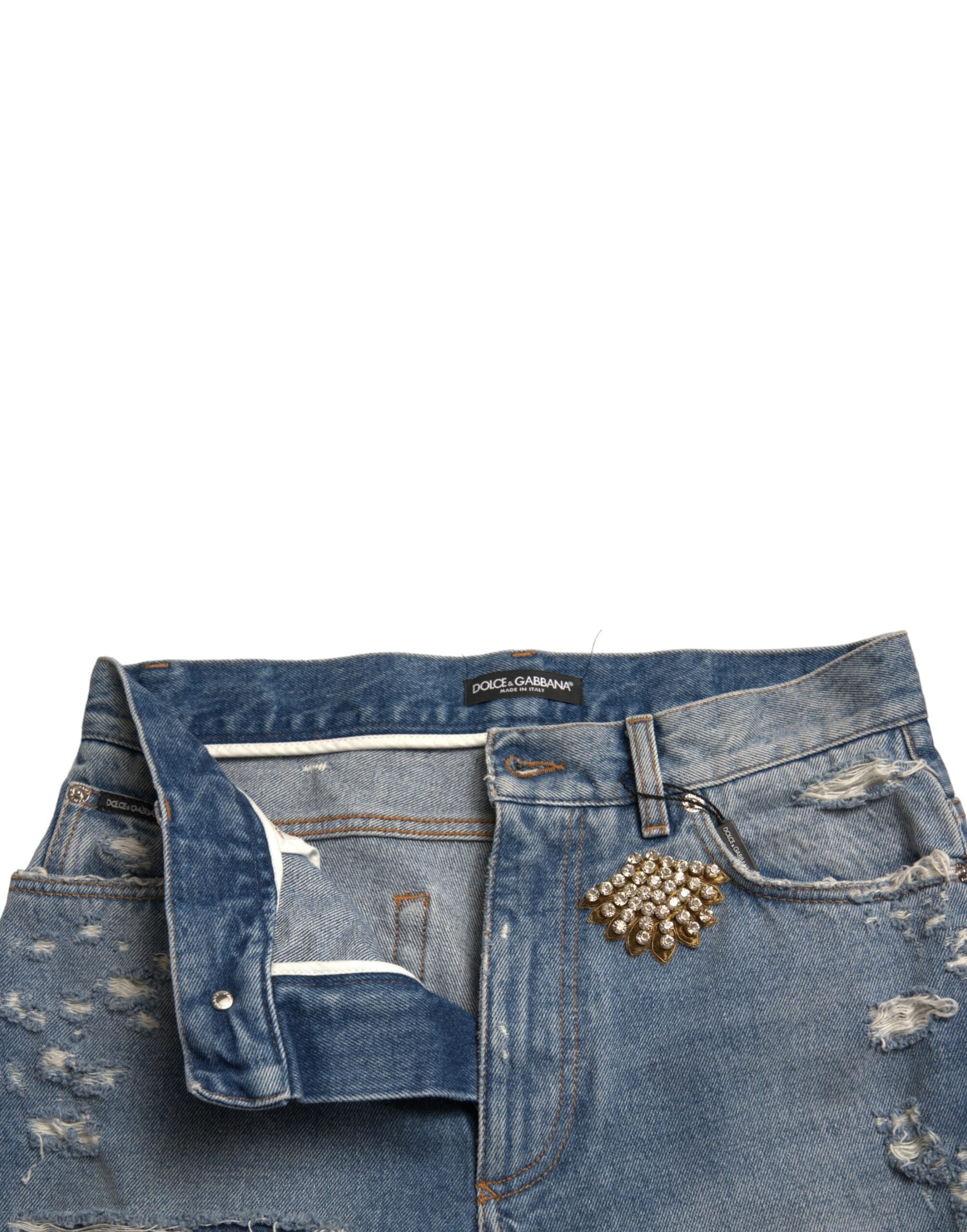 Dolce & Gabbana Blue Tattered Embellished Bermuda Shorts -   -  Dolce & Gabbana. Dolce & Gabbana Blue Tattered Embellished Bermuda Shorts -   -  Dolce & Gabbana.