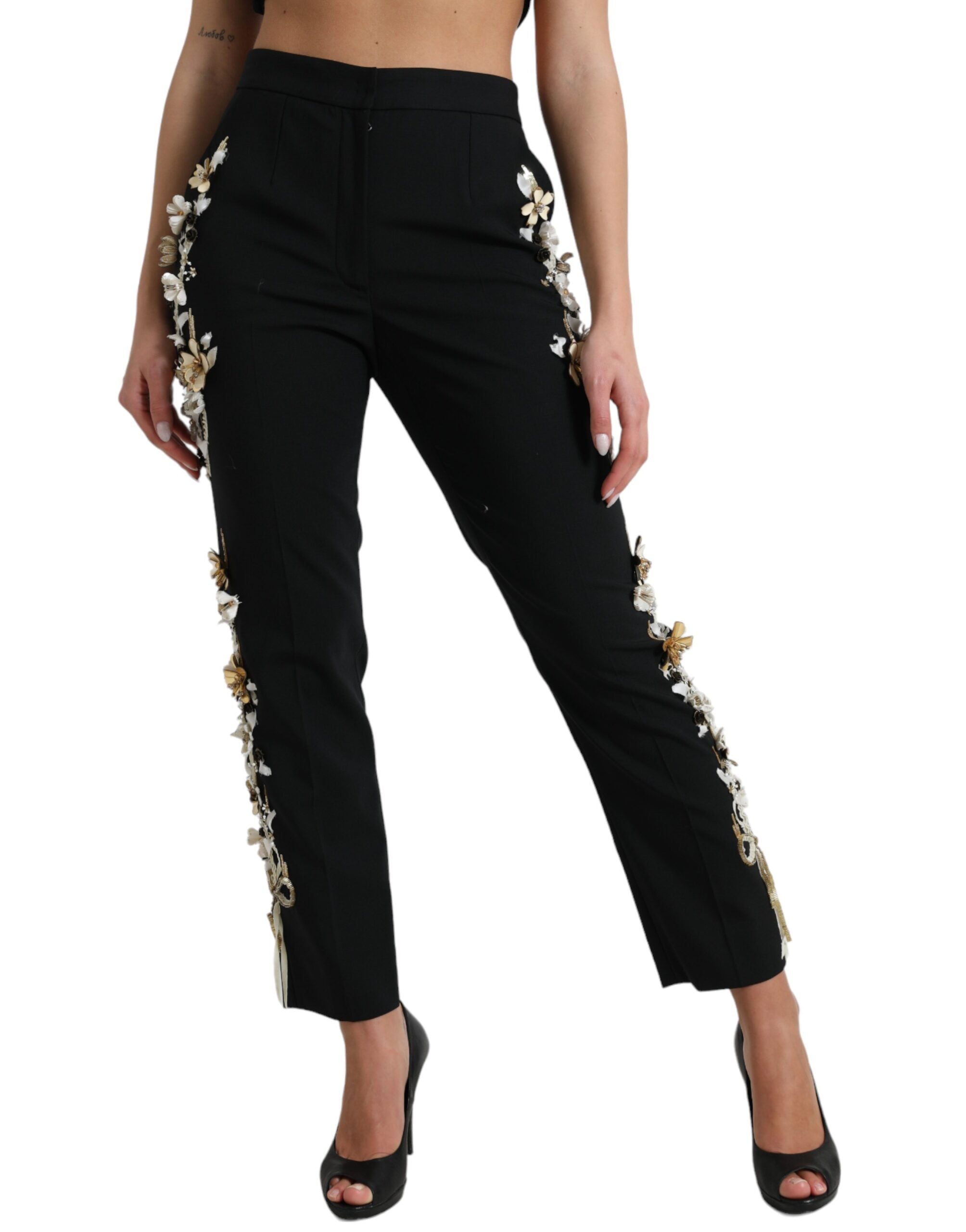 Dolce & Gabbana Black Floral Applique High Waist Tapered Pants -   -  Dolce & Gabbana. Dolce & Gabbana Black Floral Applique High Waist Tapered Pants -   -  Dolce & Gabbana.