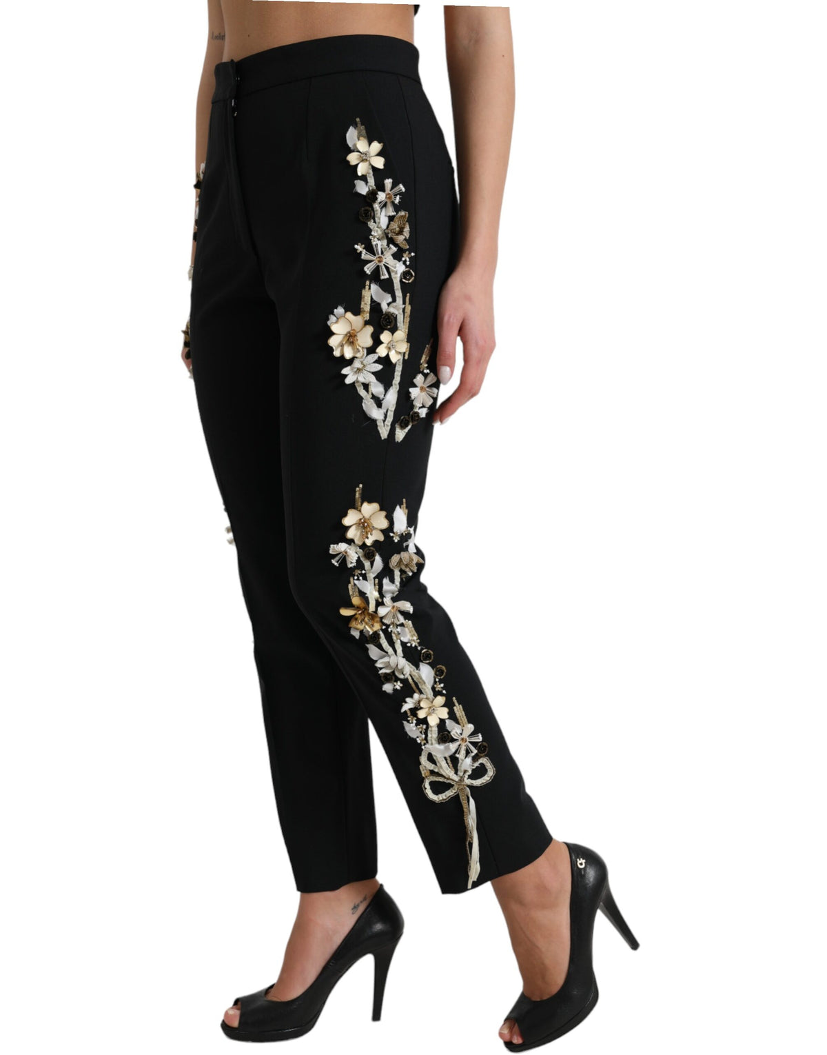 Dolce & Gabbana Black Floral Applique High Waist Tapered Pants -   -  Dolce & Gabbana.